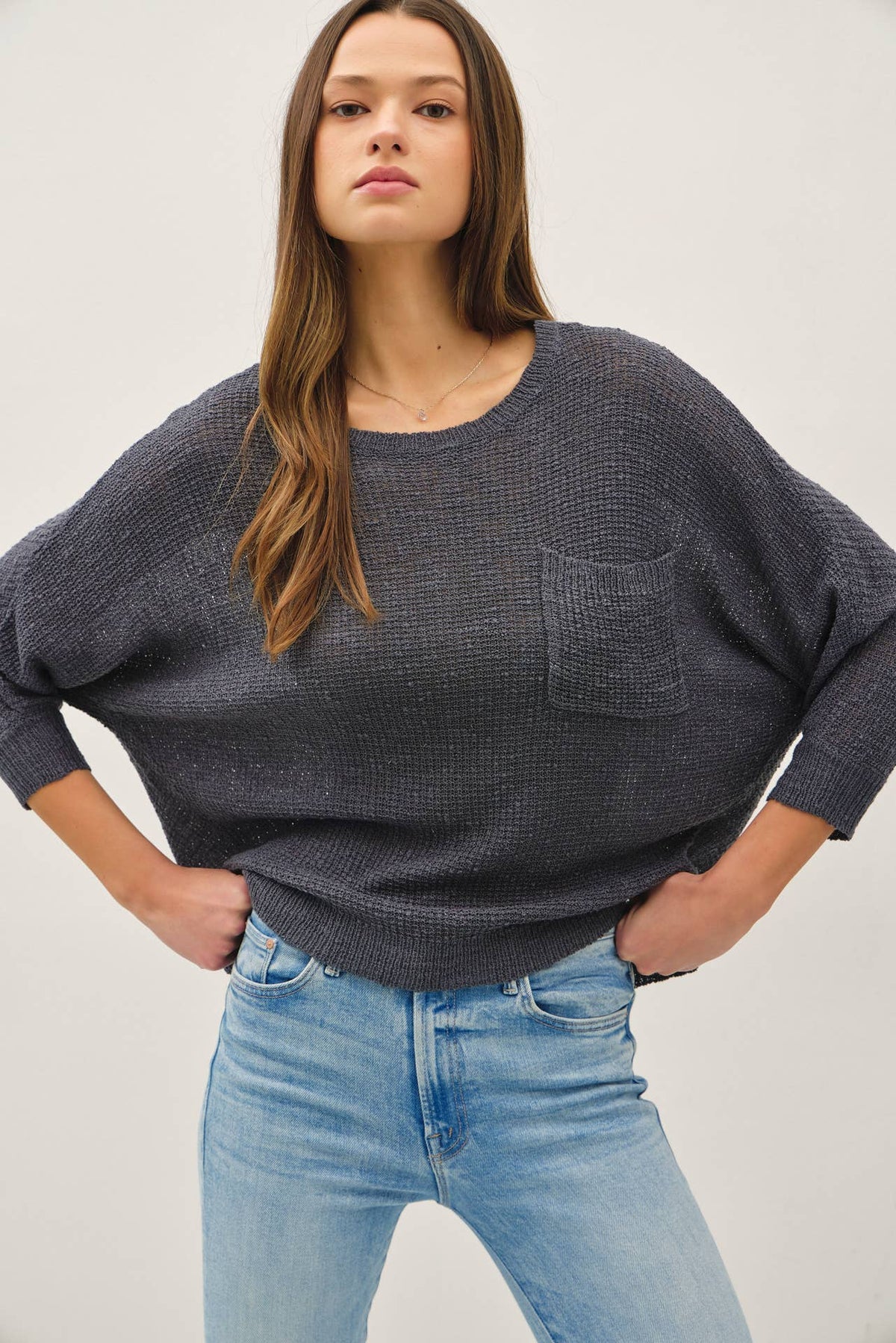 NEW COLOR-FRONT POCKET DOLMAN LONG SLEEVE KNIT SWEATER