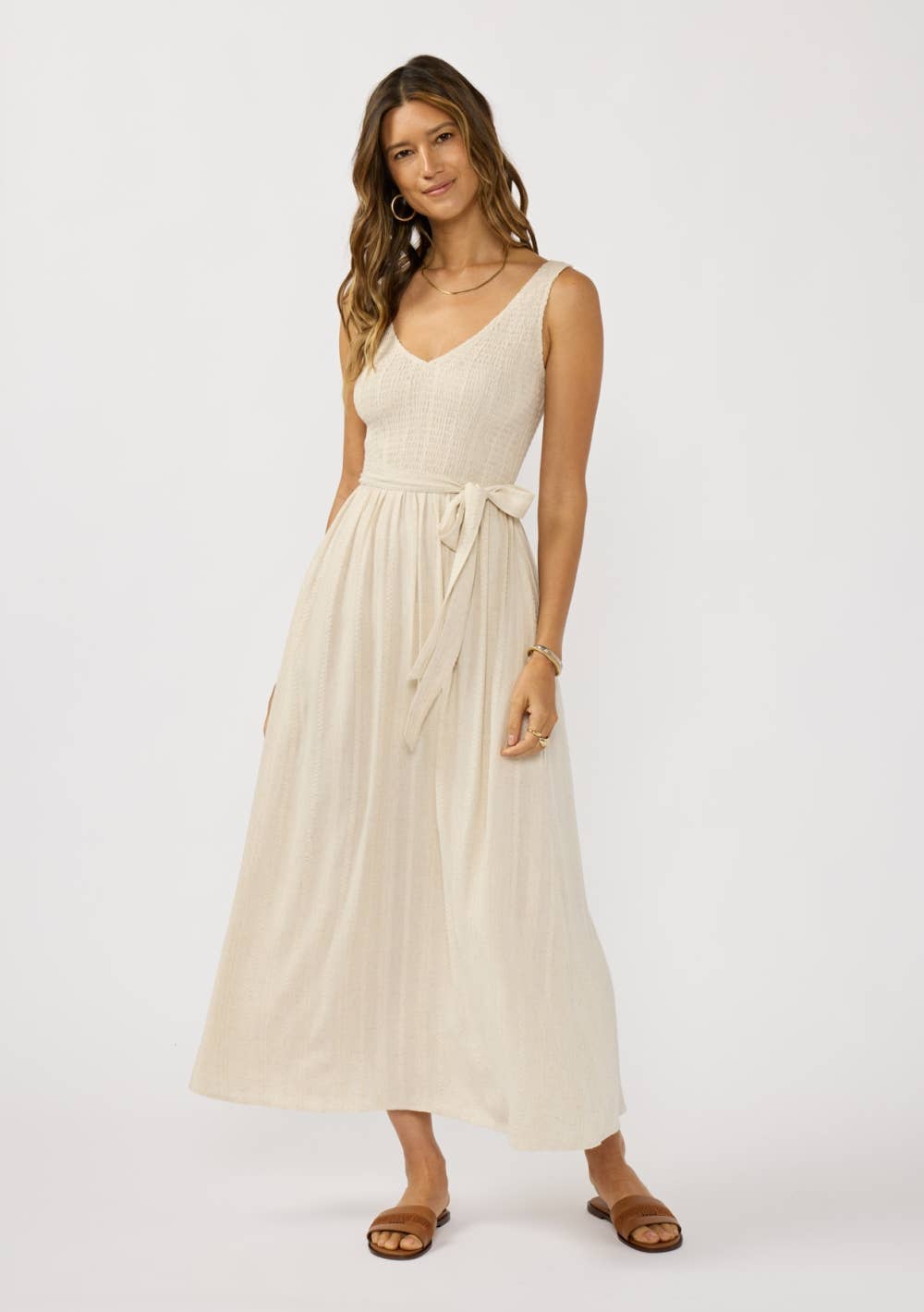 Sleeveless V Neck Smocked Bodice Midi Dress