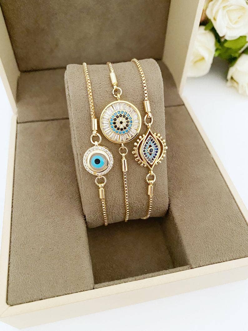 Evil Eye Bracelet, Adjustable Bracelet, Cz Bracelet