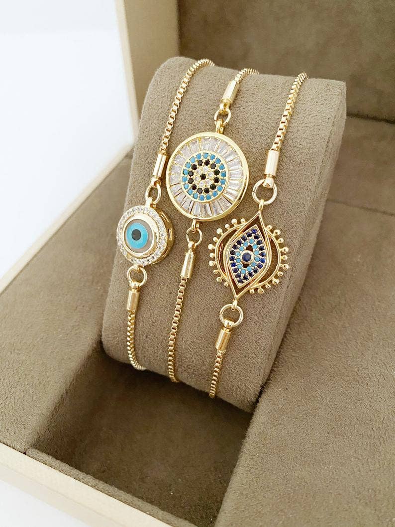 Evil Eye Bracelet, Adjustable Bracelet, Cz Bracelet