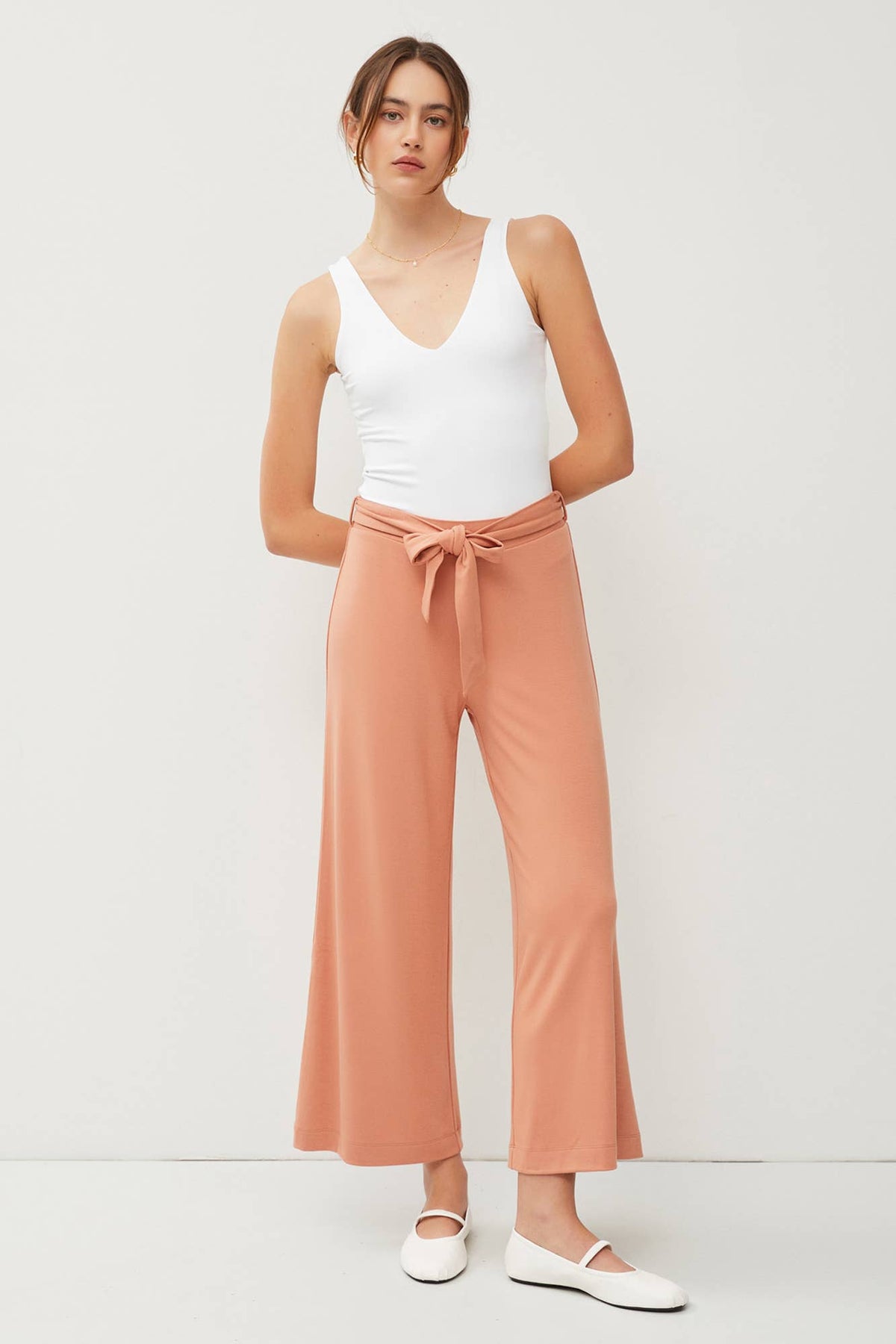 TIE BOW STRETCH CROP WIDE LEG PANTS