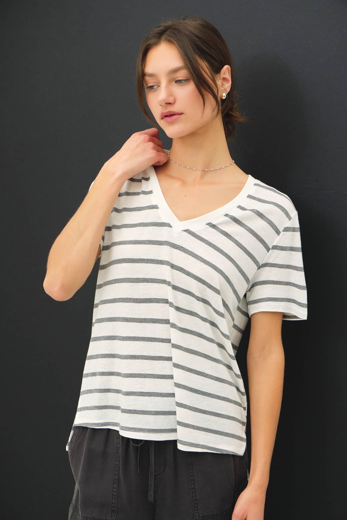 COTTON LINEN BLEND RELAXED FIT STRIPED T-SHIRT