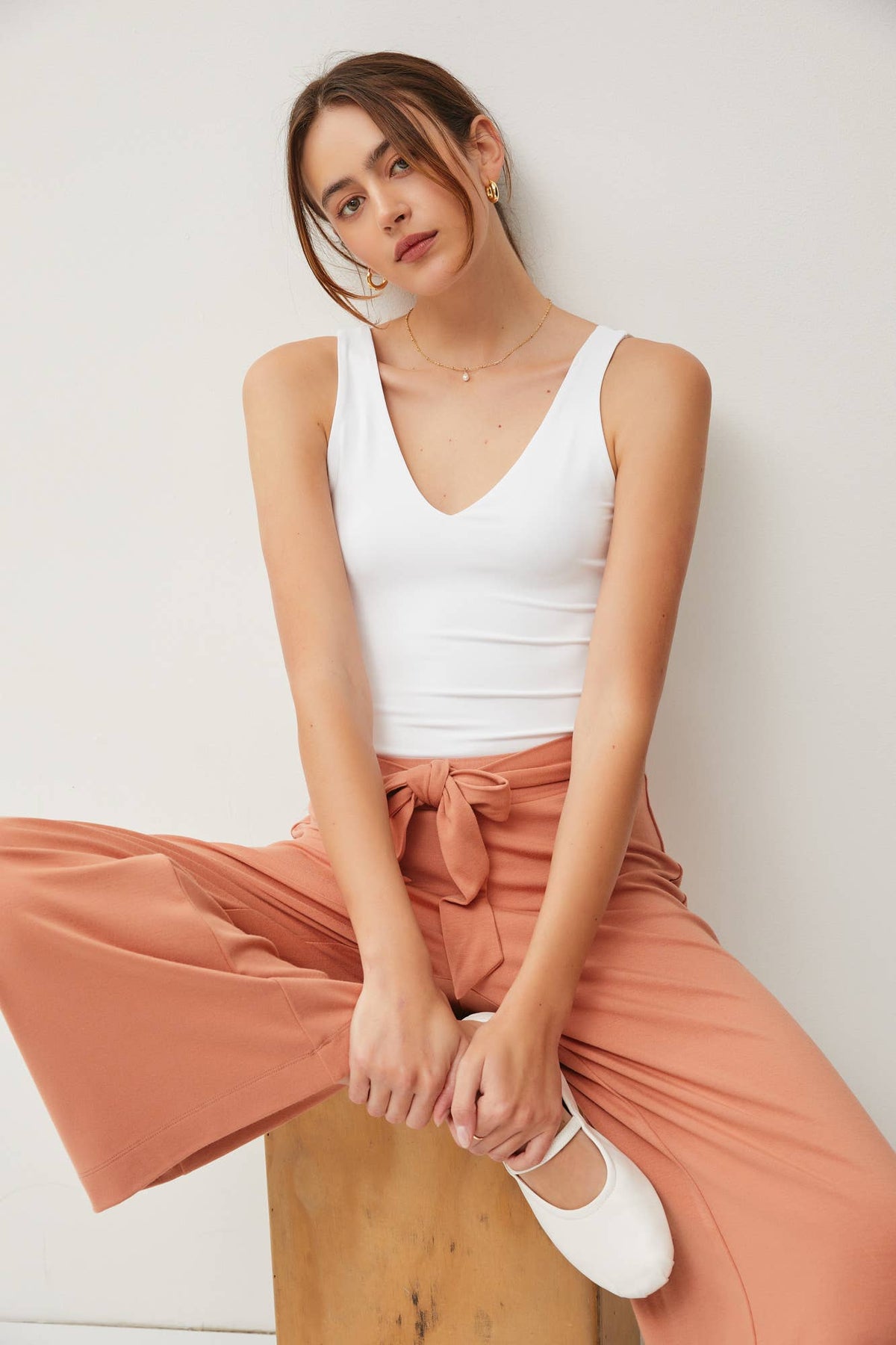 TIE BOW STRETCH CROP WIDE LEG PANTS
