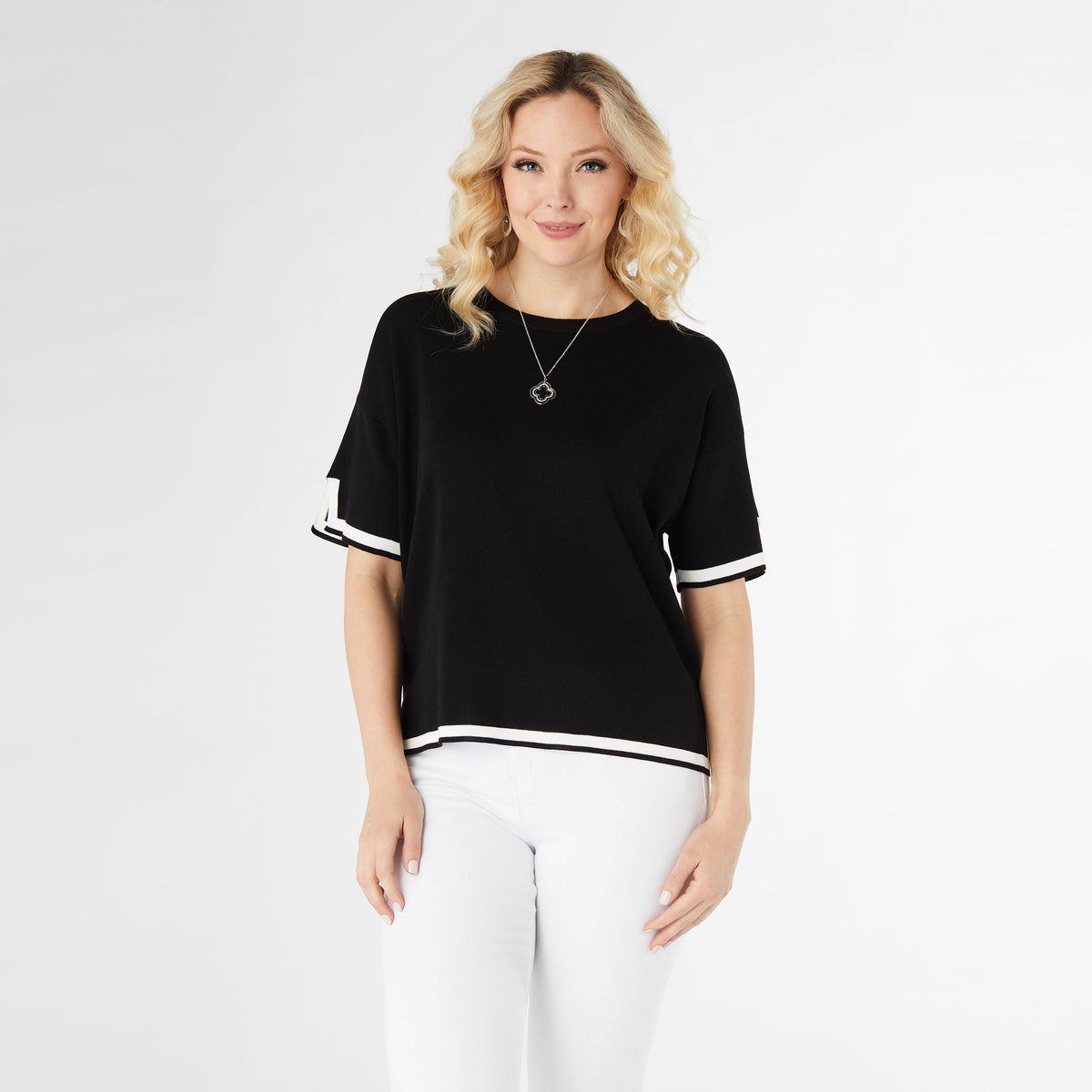 Seine Knit Border Trim Black Top