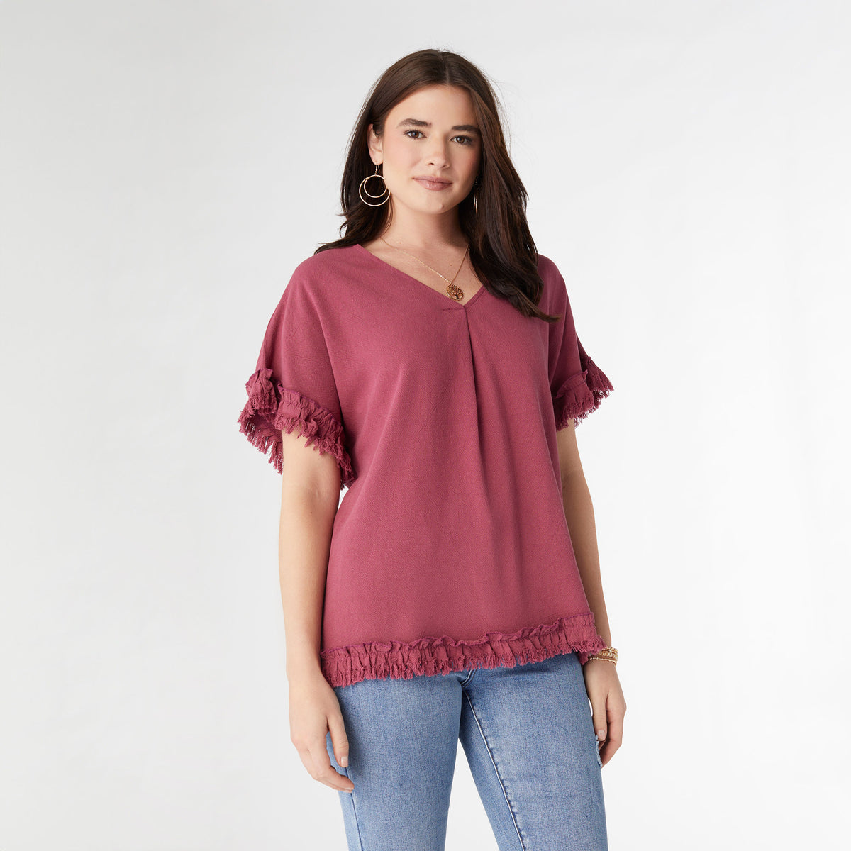 River Flowy Rose Wine Short Sleeve Top with Fringe