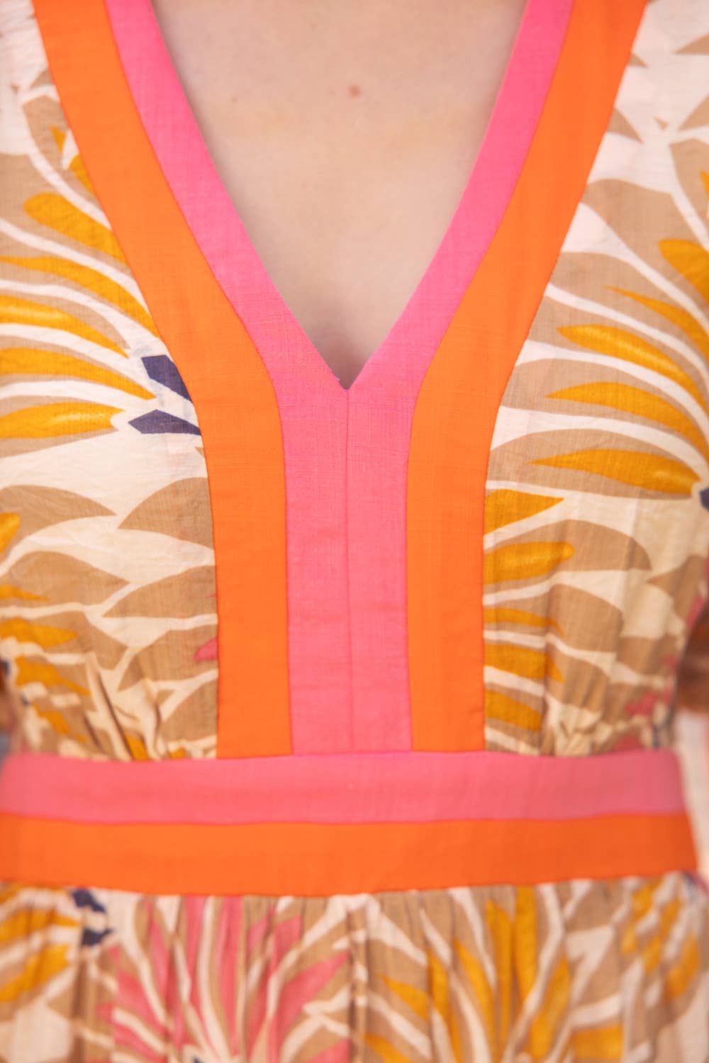 Summer Palm Print Contrast Color Block Midi Dress