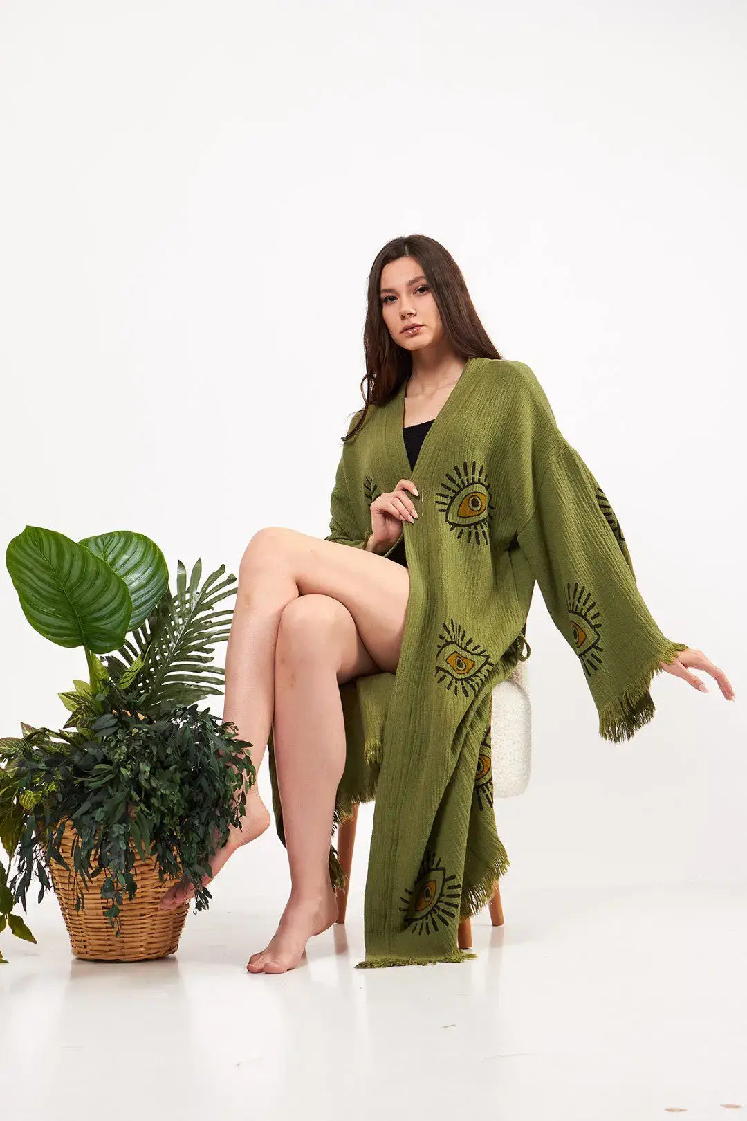 Green Evil Eye Kimono, Cotton Kaftan Kimono, Evil Eye Robes
