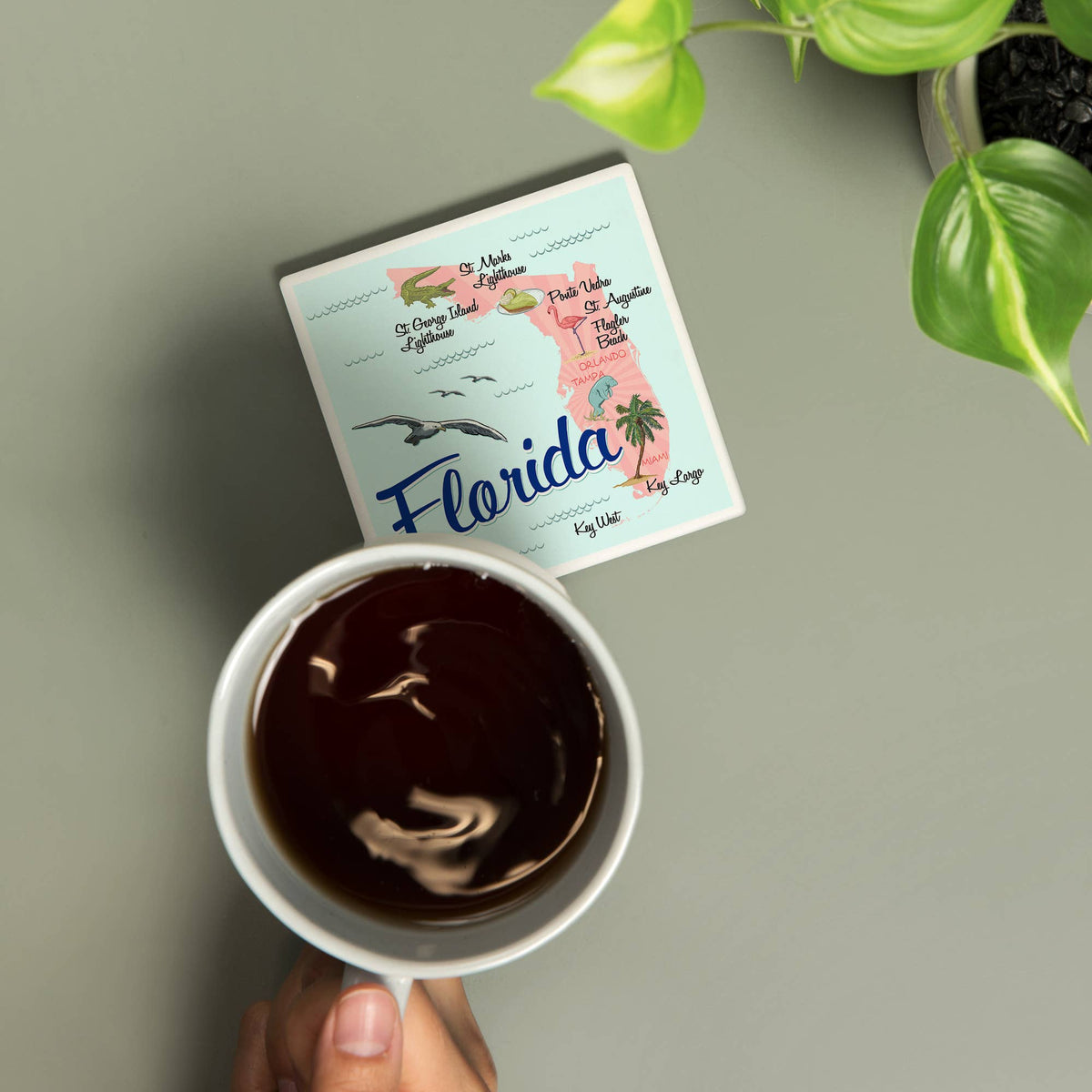 CERAMIC COASTER Florida, Typography & Icons, Pink & Blue