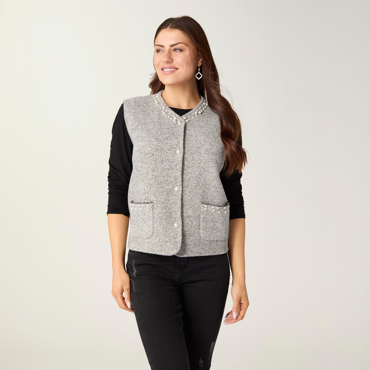 Alana Metallic Vest with Faux Pearls - Grey L/XL