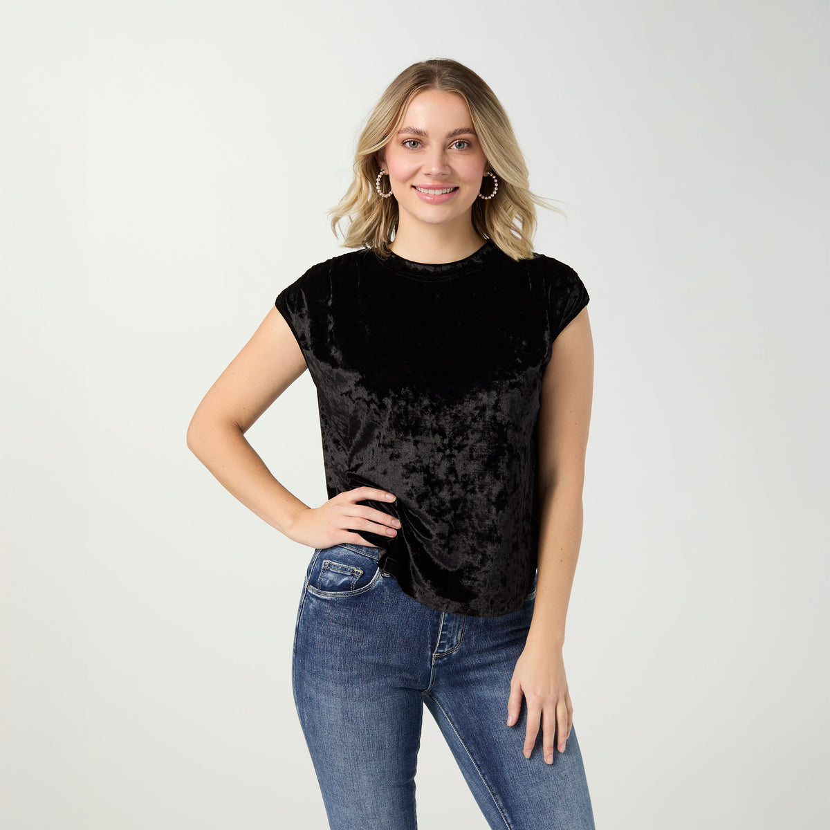 Lorelai Crushed Velour Cap Sleeve Top - Black L/XL