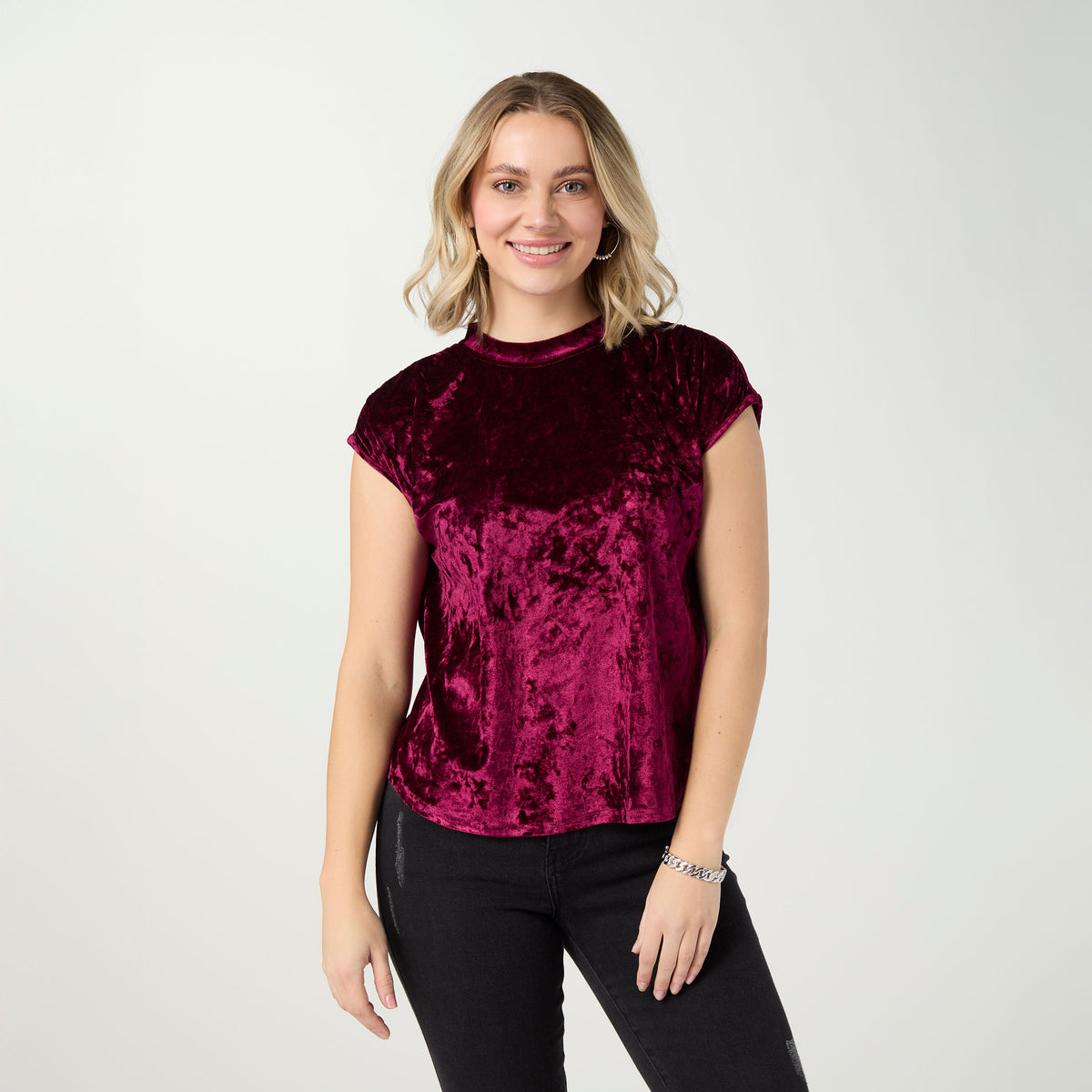 Lorelai Crushed Velour Cap Sleeve Top - Wine XS