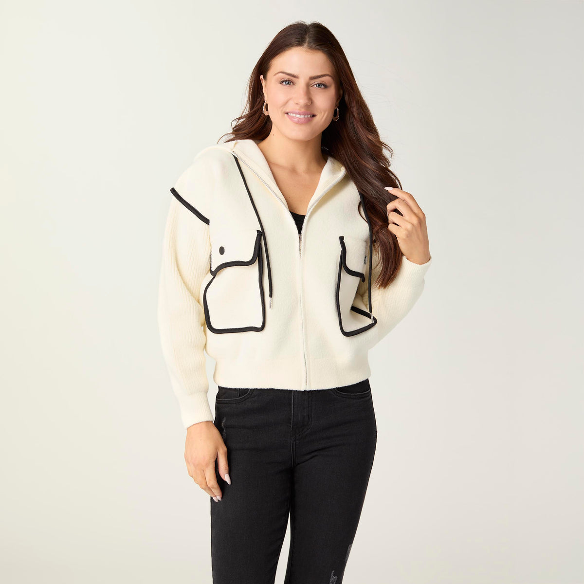 Malia Zip Front Hoodie with Piped Trim - Ivory S/M