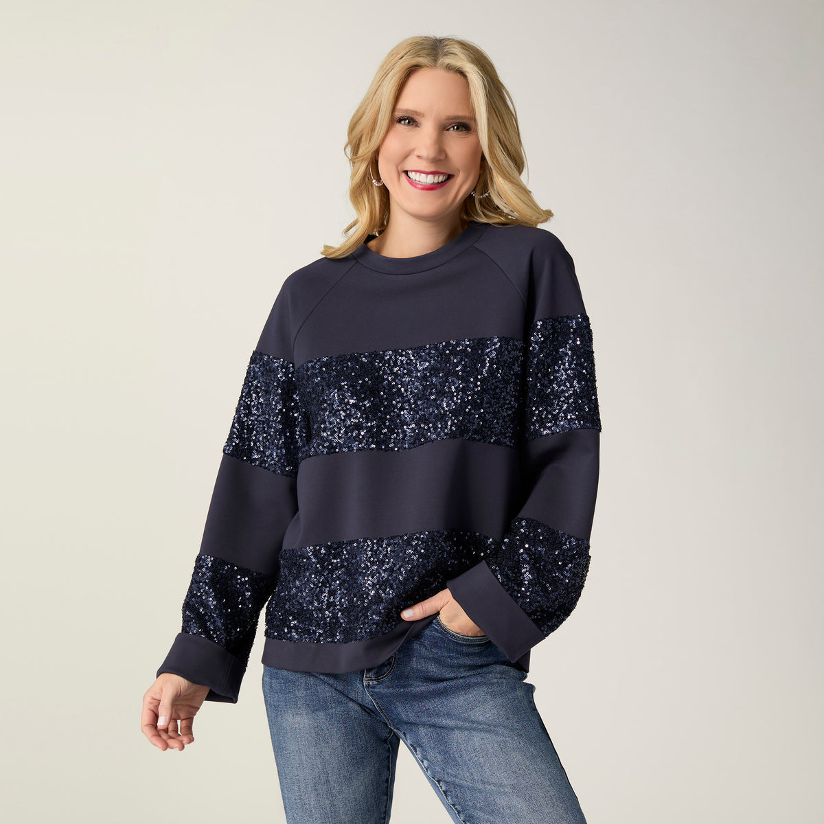 Miley Striped Sequin Top - Navy S/M