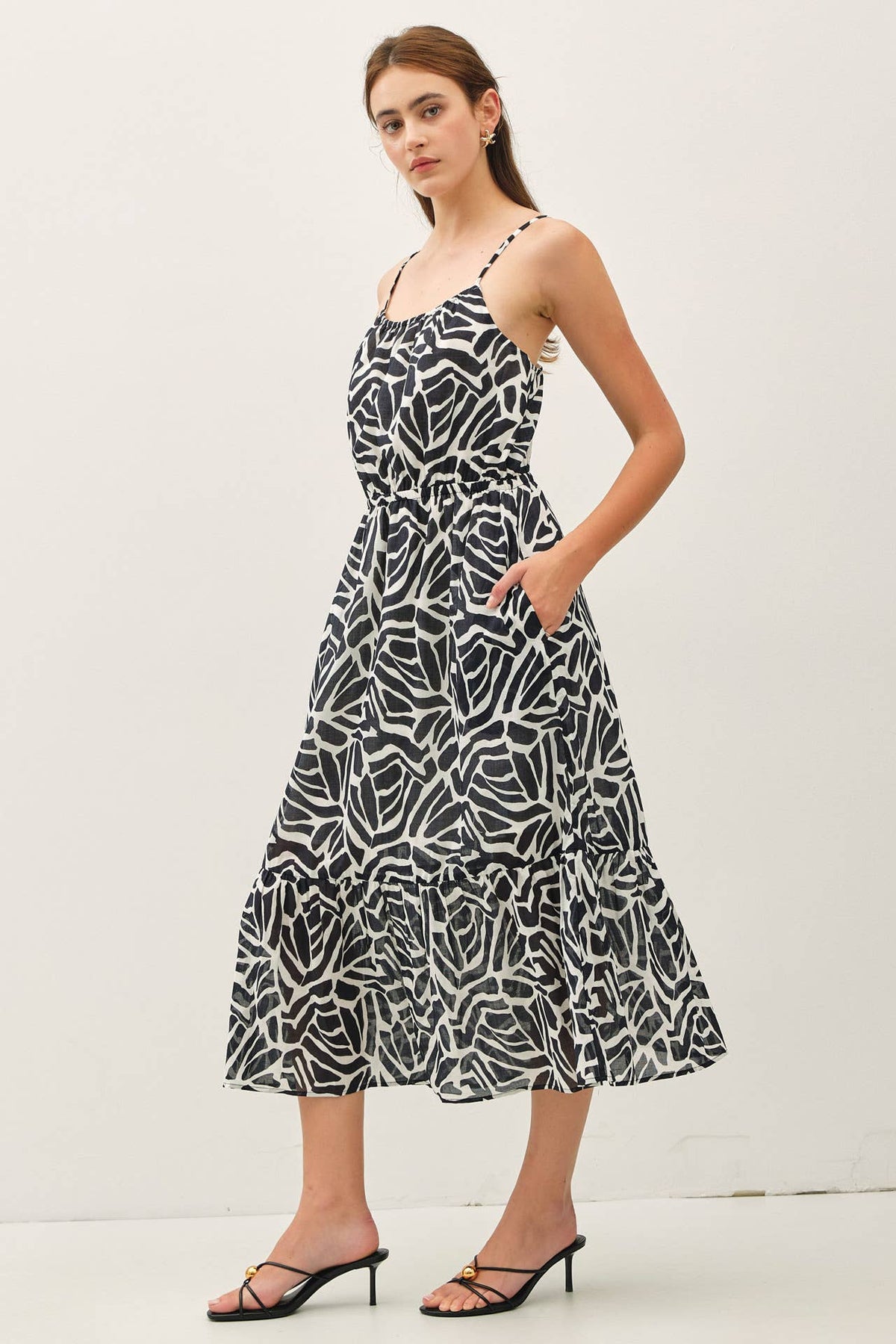 GEO PRINTED COTTON MIDI DRESS W/ BANDING AT WAIST