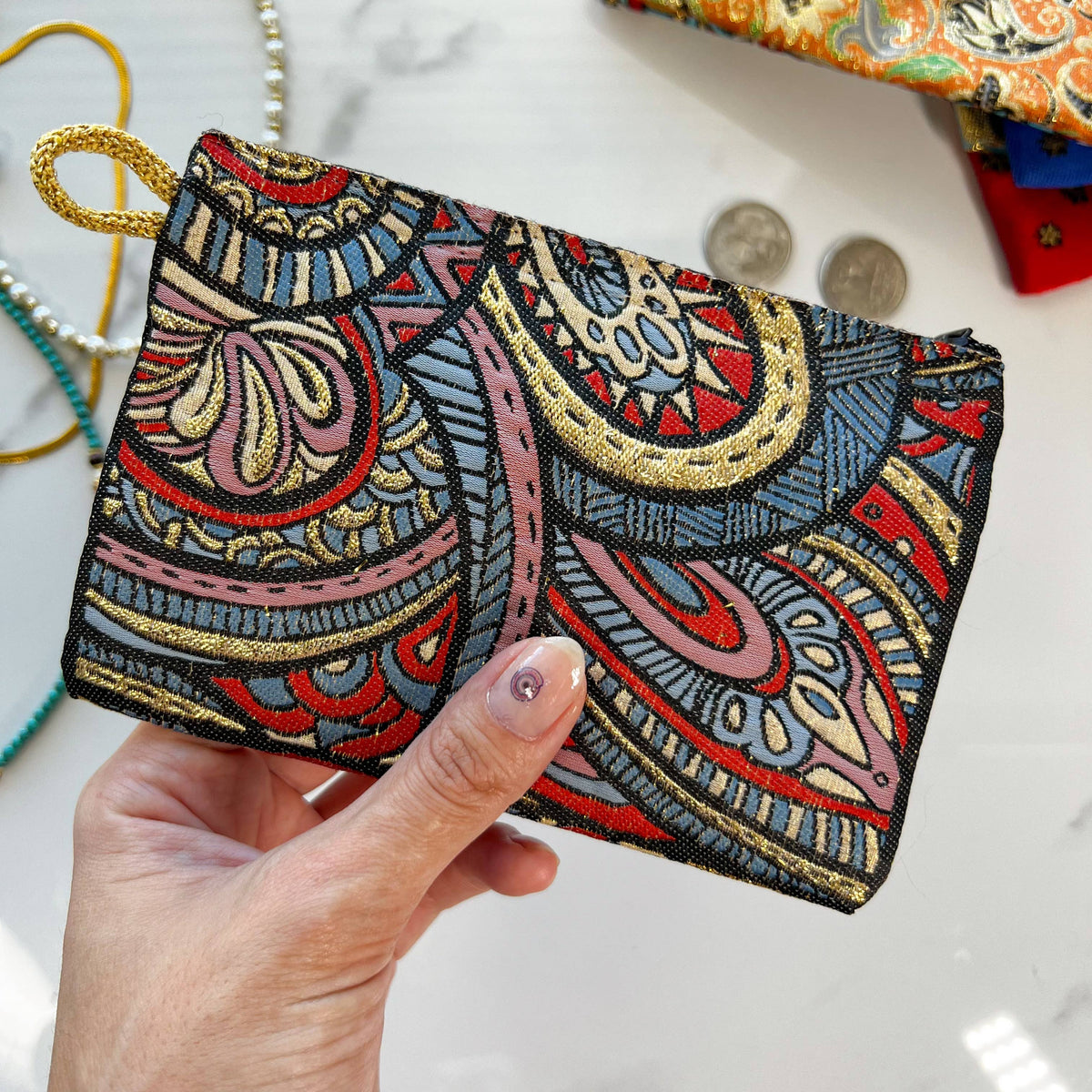 Fabric Coin Purse, Boho Handmade Pouch, Small Bag Organizer