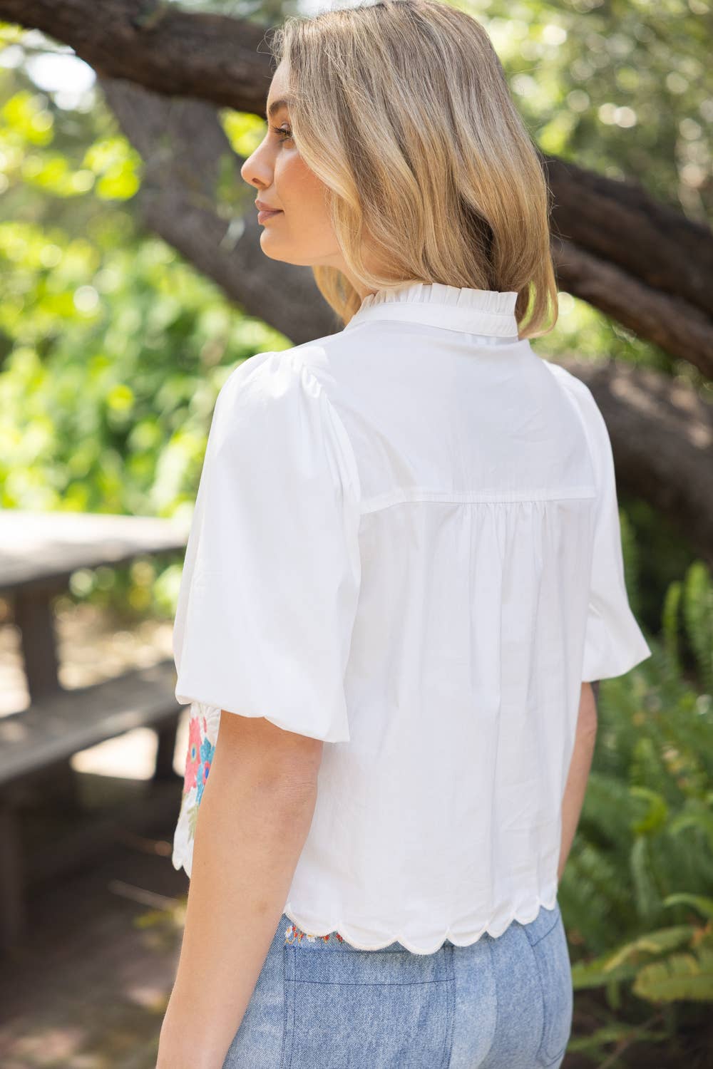 36952 Pipping Detail Floral Hummingbird Embroidered Top