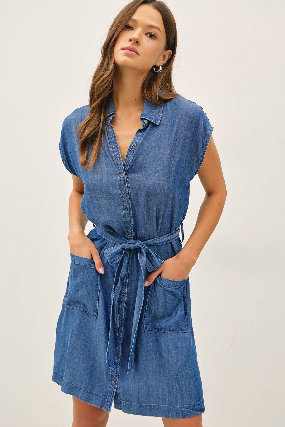 TENCEL BUTTON UP DRESS WITH POCKETS
