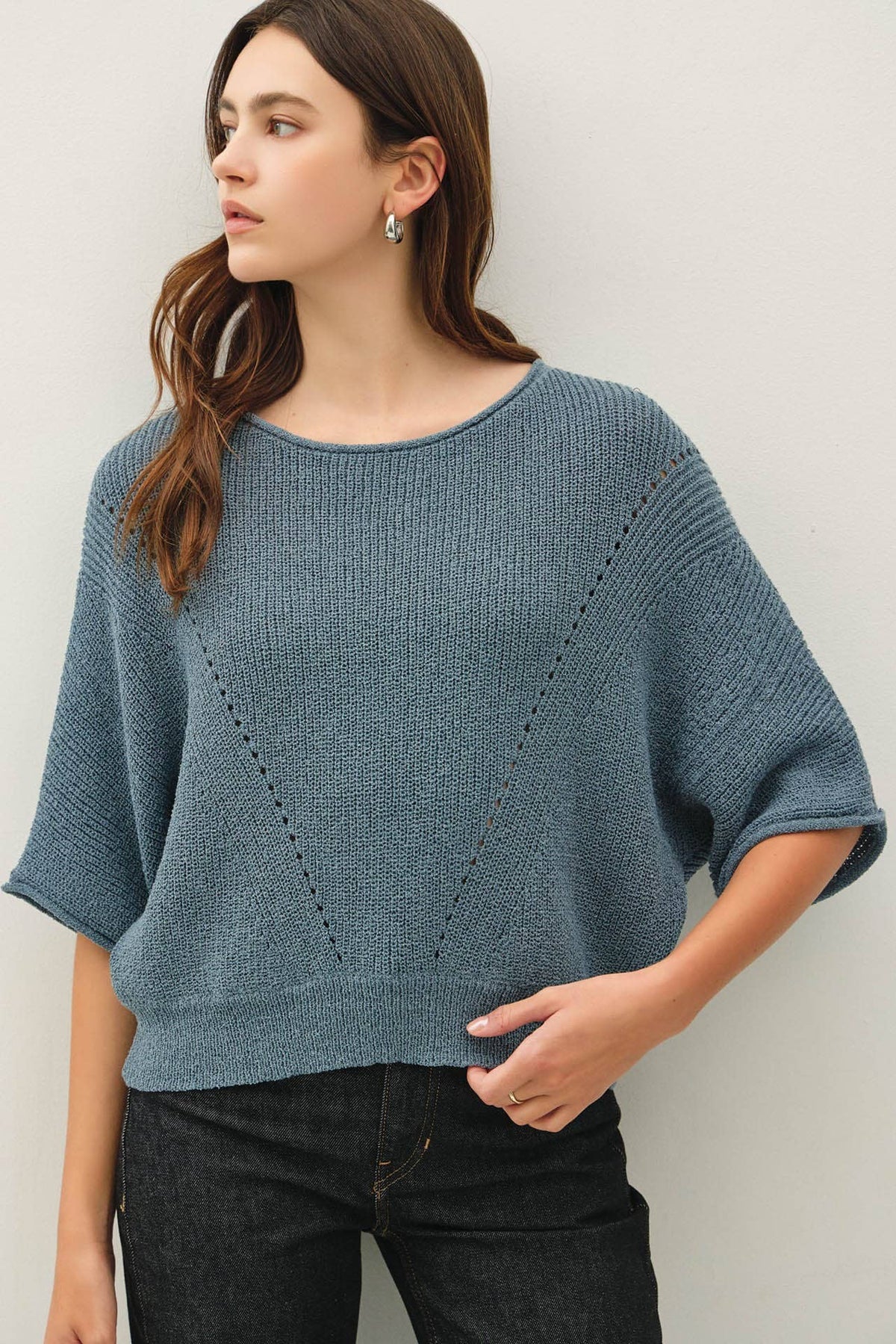 POINTELLE DOLMAN SLEEVE CROPPED SWEATER