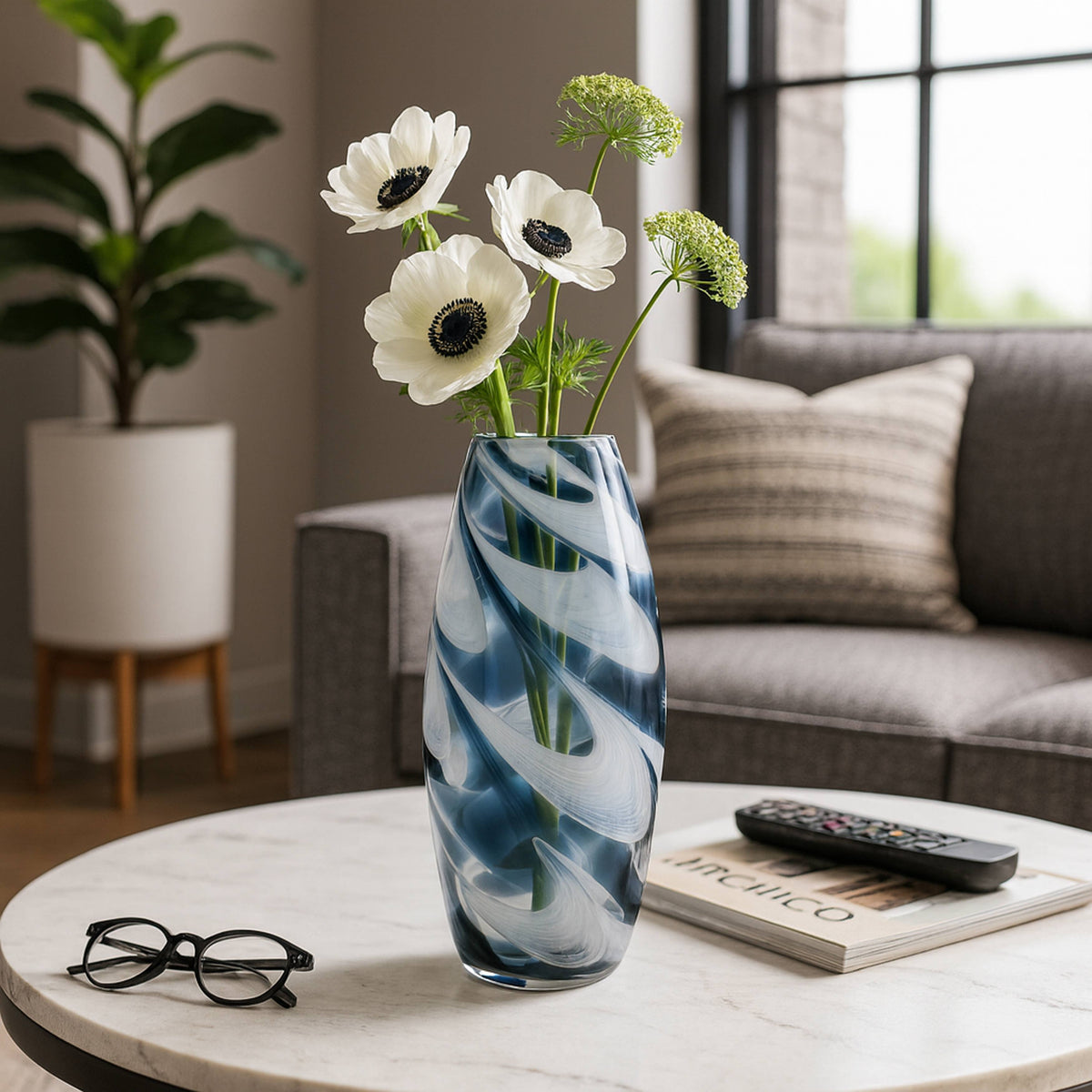 Glass Hand Blown Coastal Swirl Vase - Blue, 12 in.