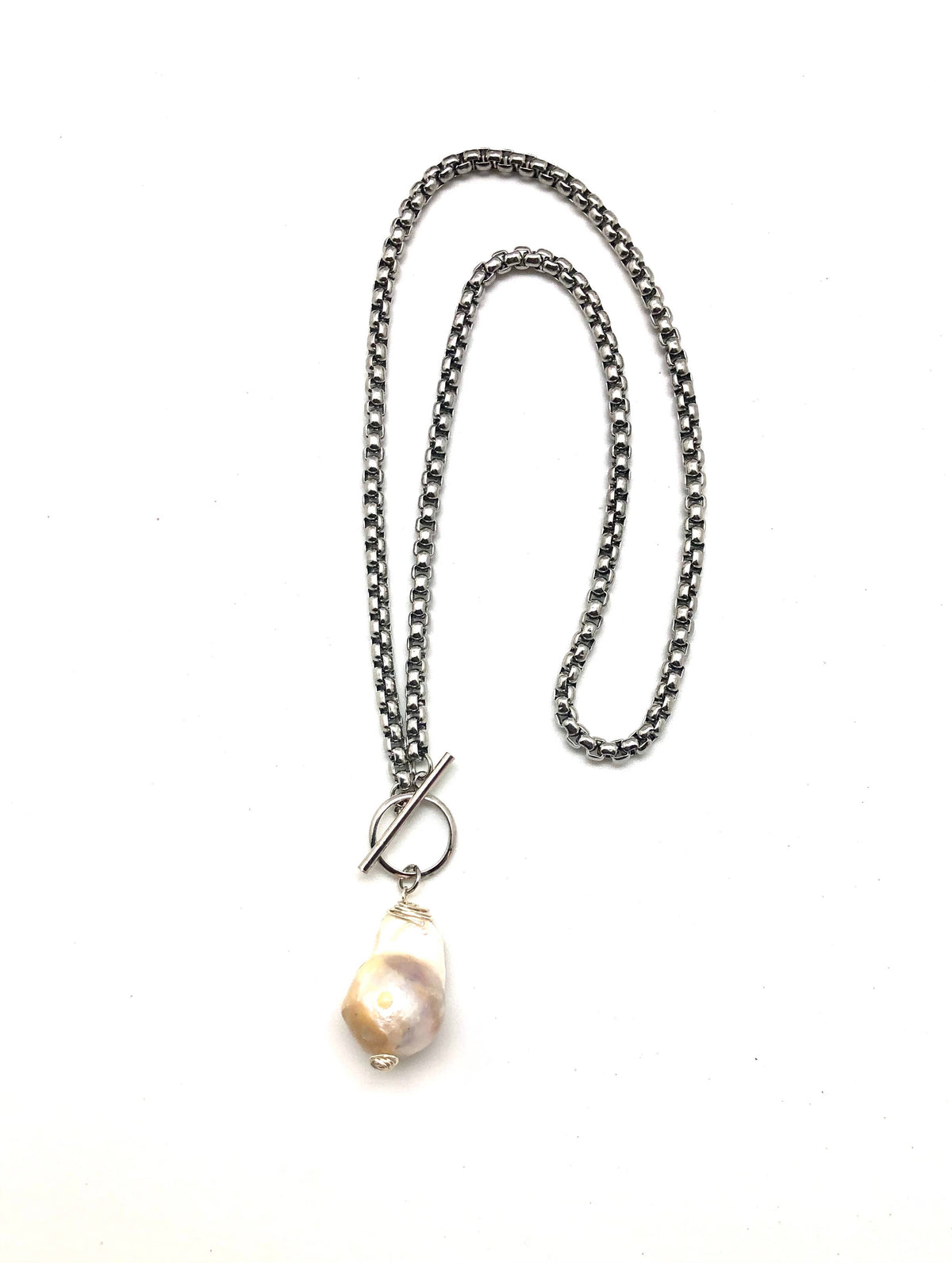 Necklace Stainless Steel Chain w/Toggle &Baroque Pearl 18”