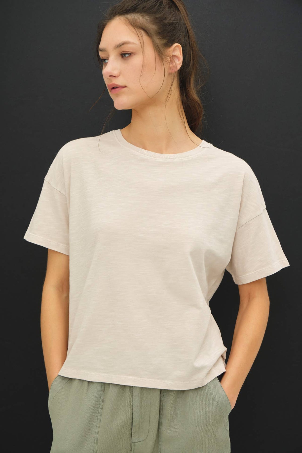 GARMENT DYE COTTON SLUB DROP SHOULDER BOXY CROP TEE
