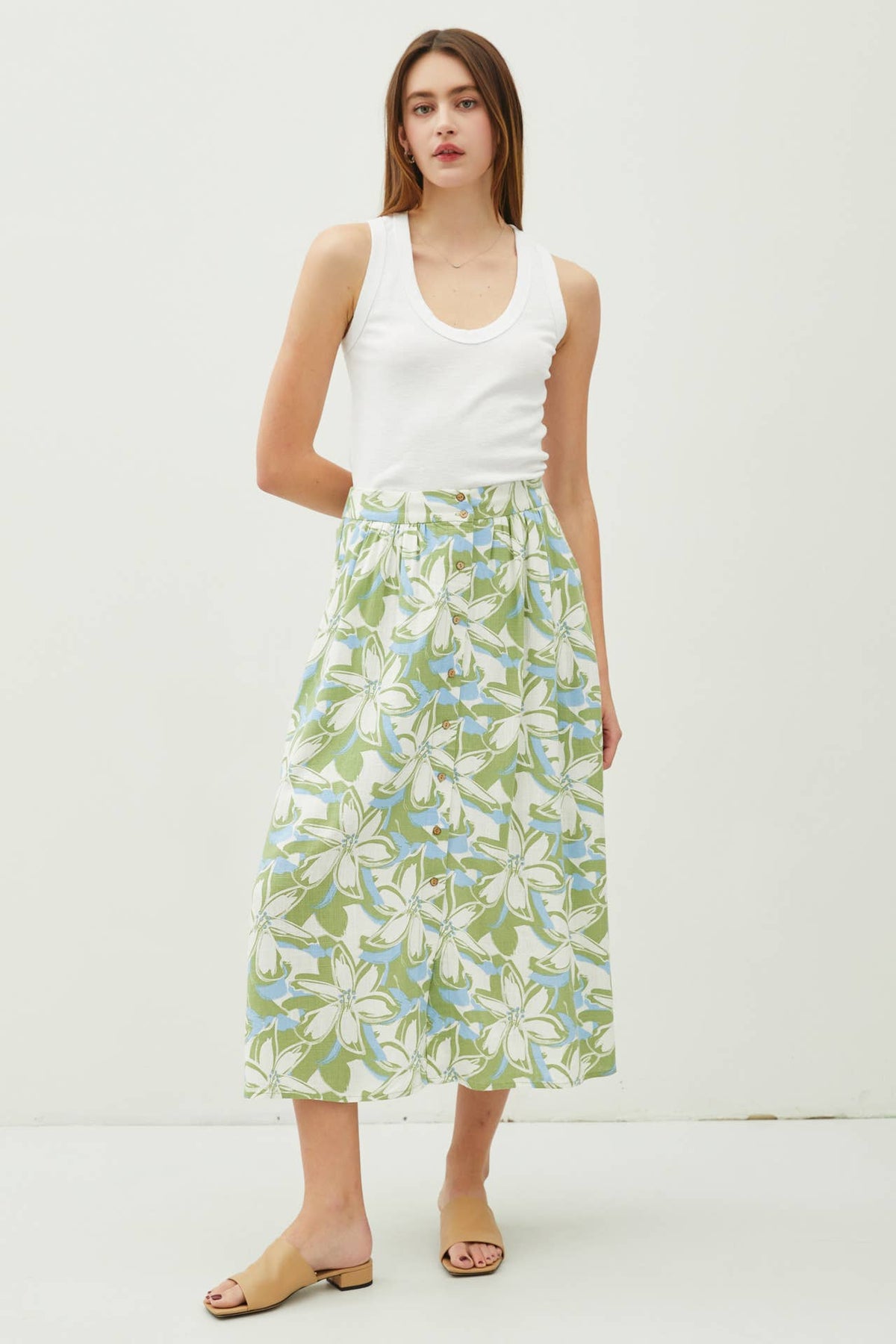 LINEN BLEND BUTTON FRONT MIDI SKIRT