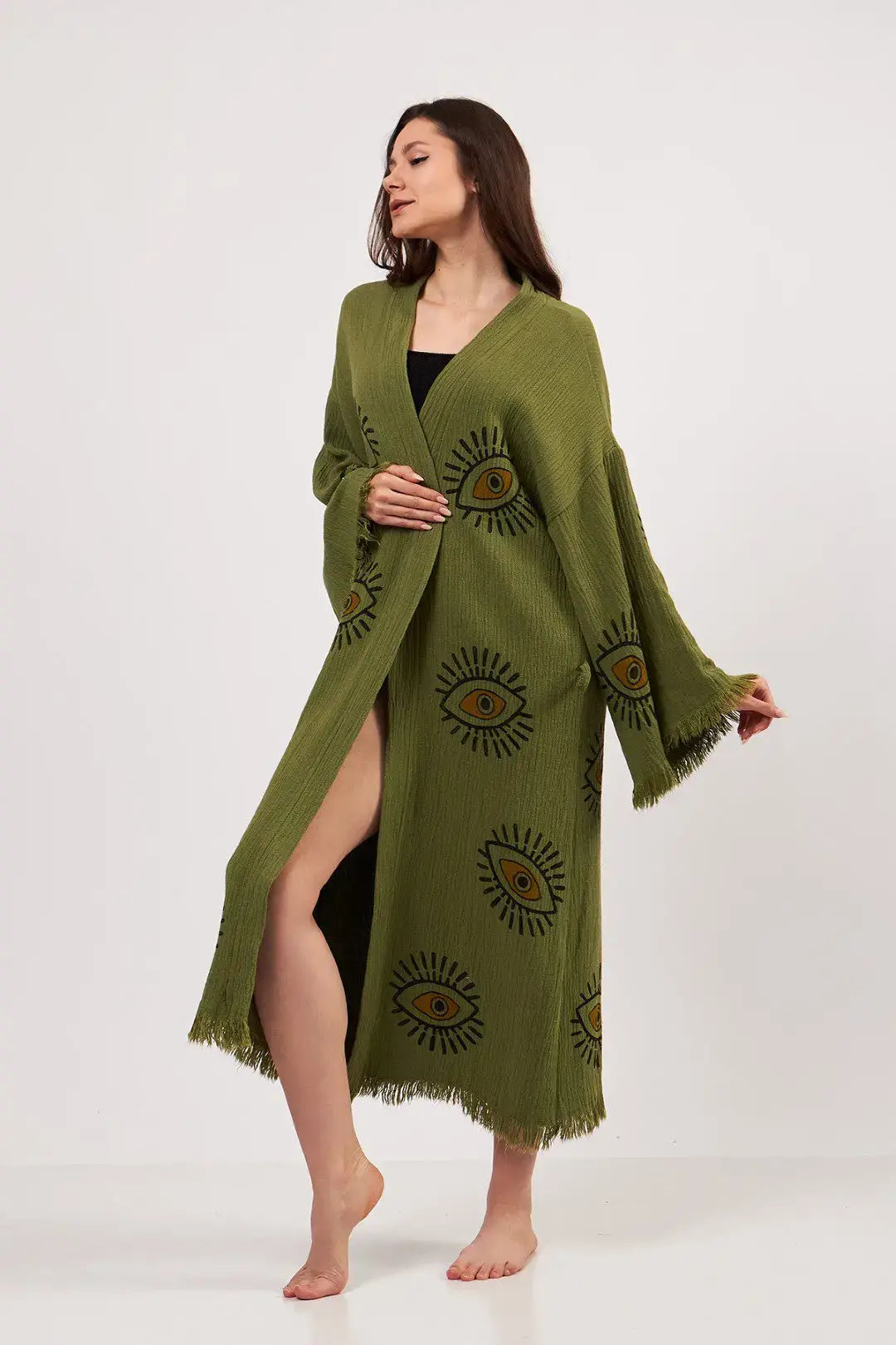 Green Evil Eye Kimono, Cotton Kaftan Kimono, Evil Eye Robes