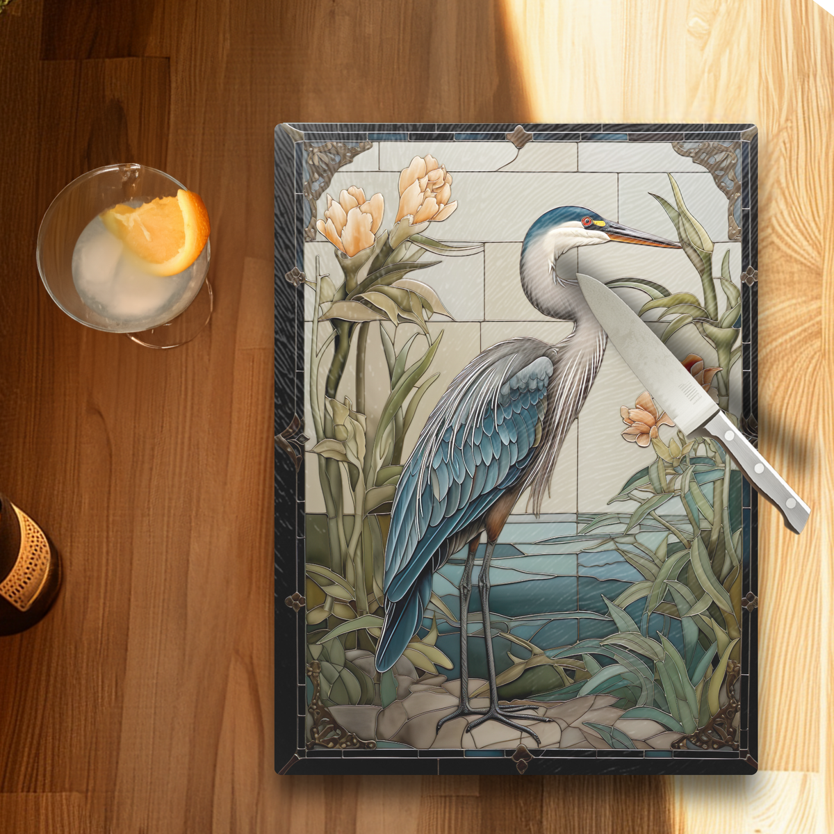 Tempered Glass Cutting Board: Blue Heron Serving Tray (R)