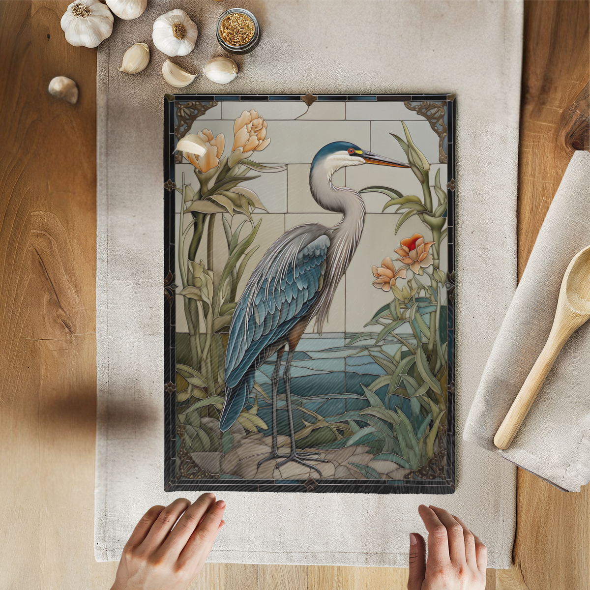 Tempered Glass Cutting Board: Blue Heron Serving Tray (R)