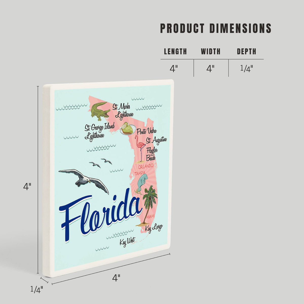 CERAMIC COASTER Florida, Typography & Icons, Pink & Blue
