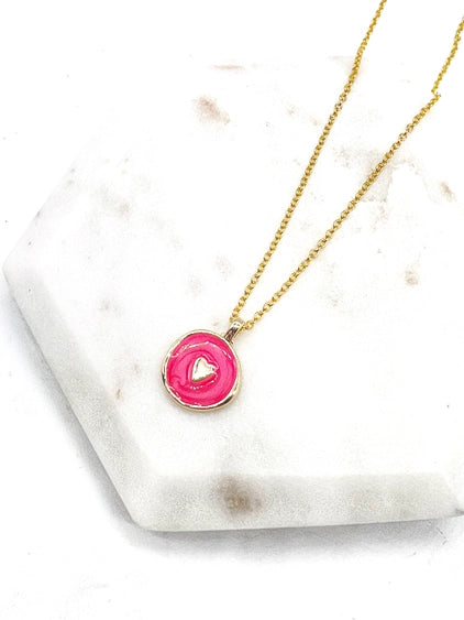 Pink Heart Round Charm Gold Necklace