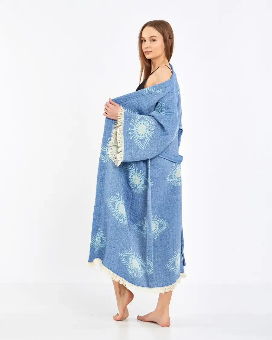 Blue Evil Eye Kimono, Long Cotton Robe, Cotton Kafthan