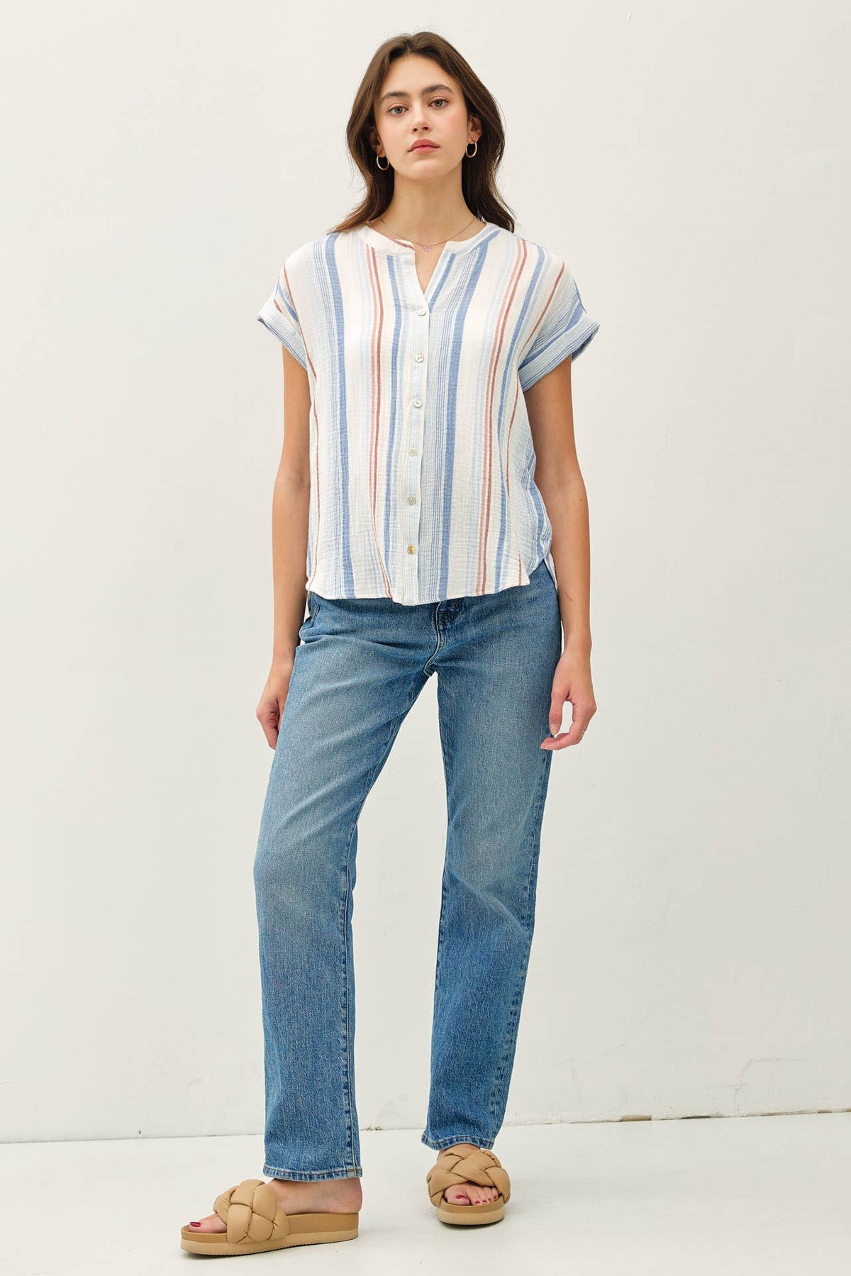 STRIPED, GAUZY BUTTON UP CAP SLEEVE TOP