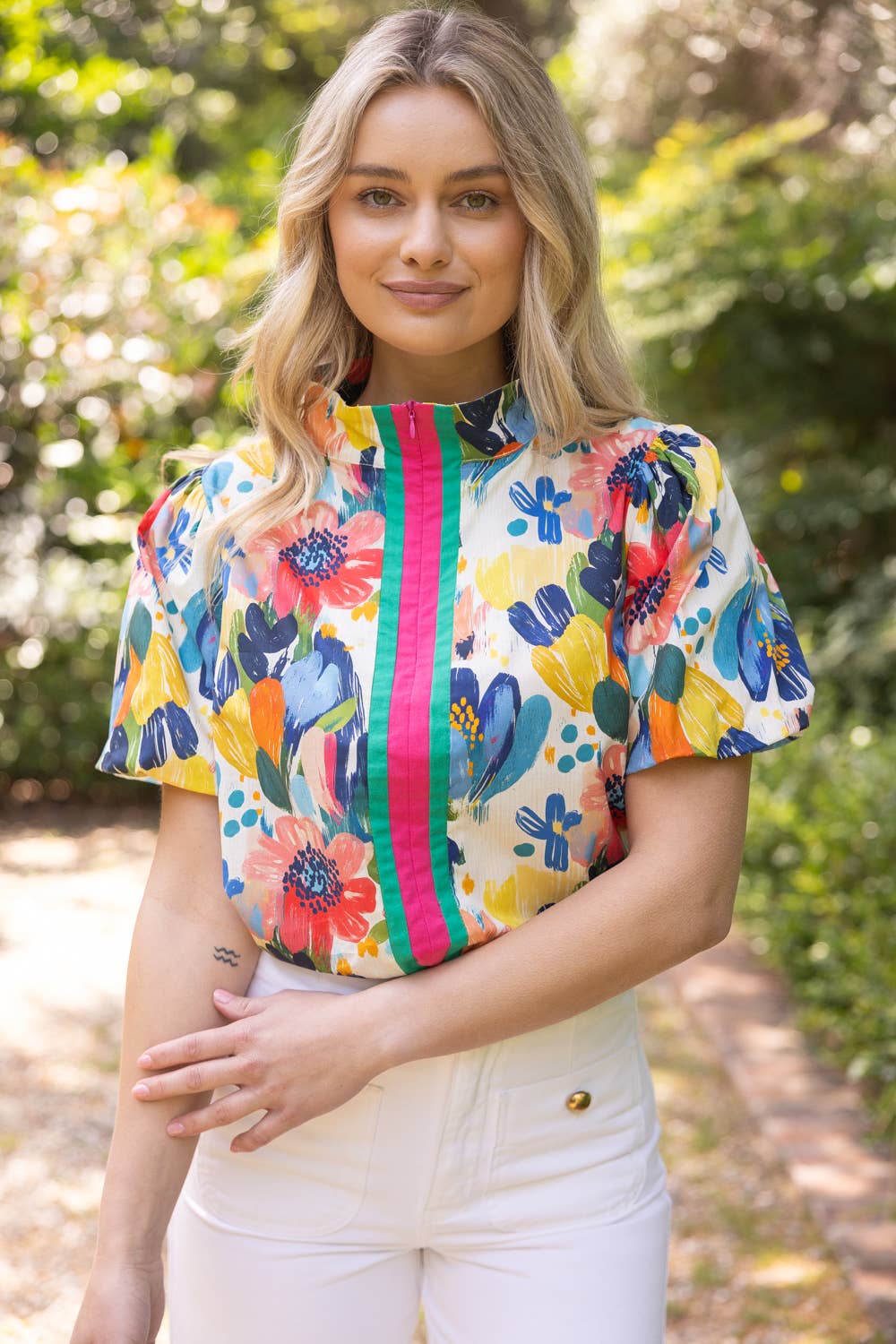 36699 Stripe Quarter Zip Watercolor Floral Print Top