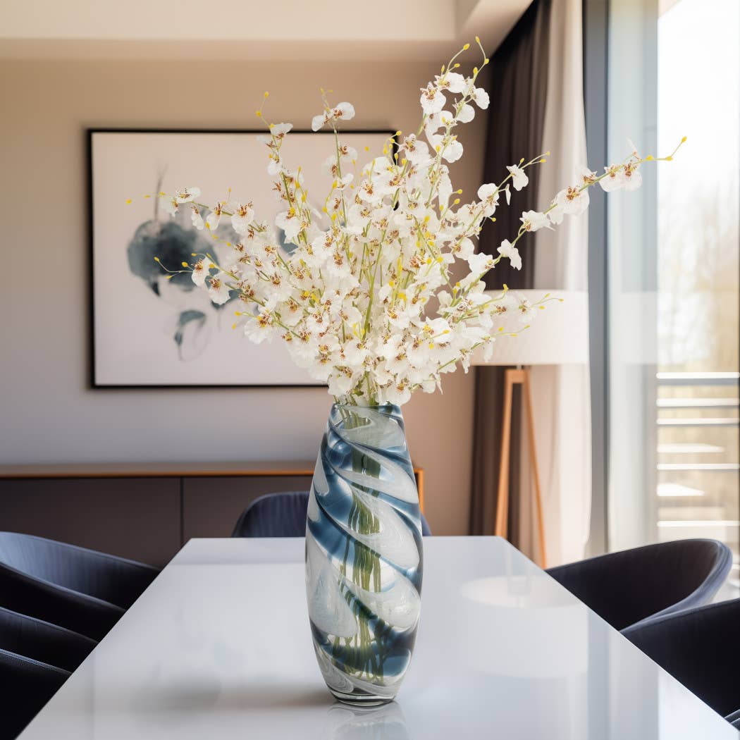 Glass Hand Blown Coastal Swirl Vase - Blue, 17 in.