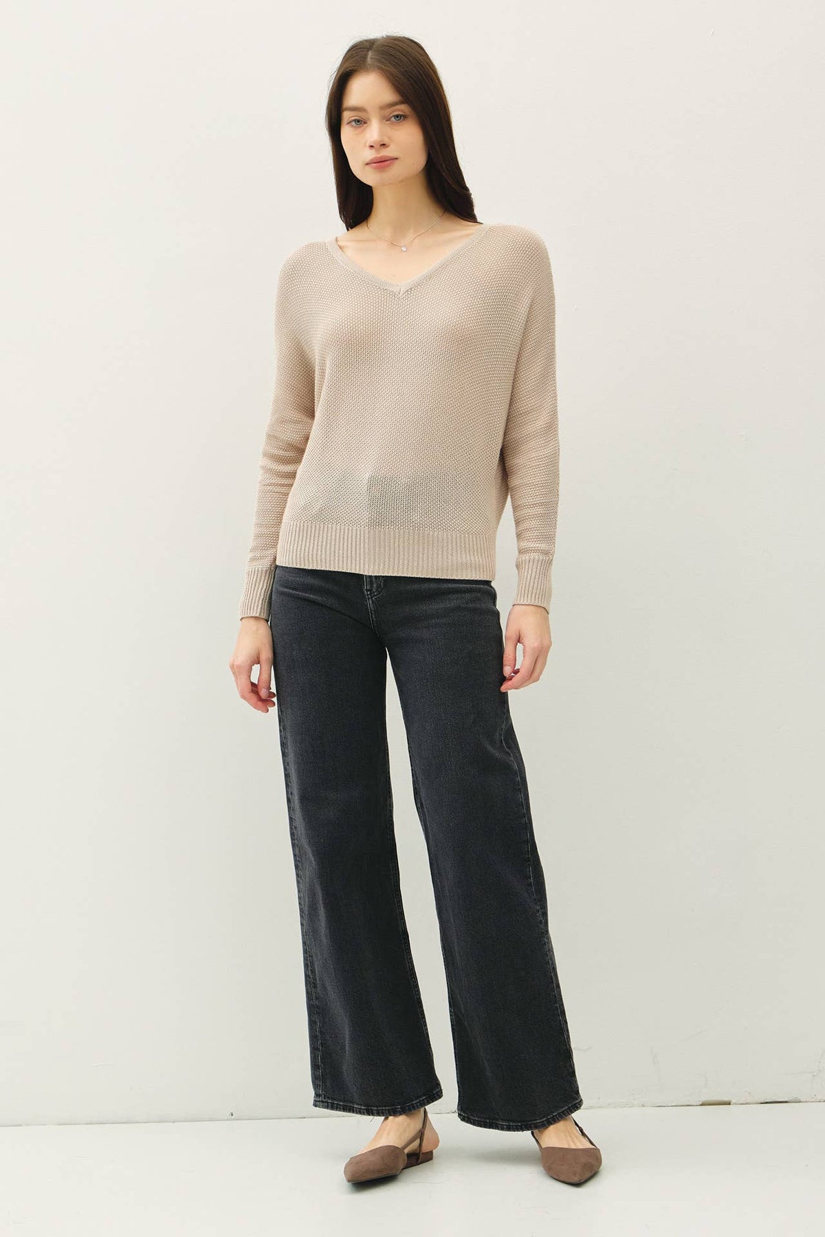 DOUBLE V-NECK BACK BUTTON  DOWN SWEATER