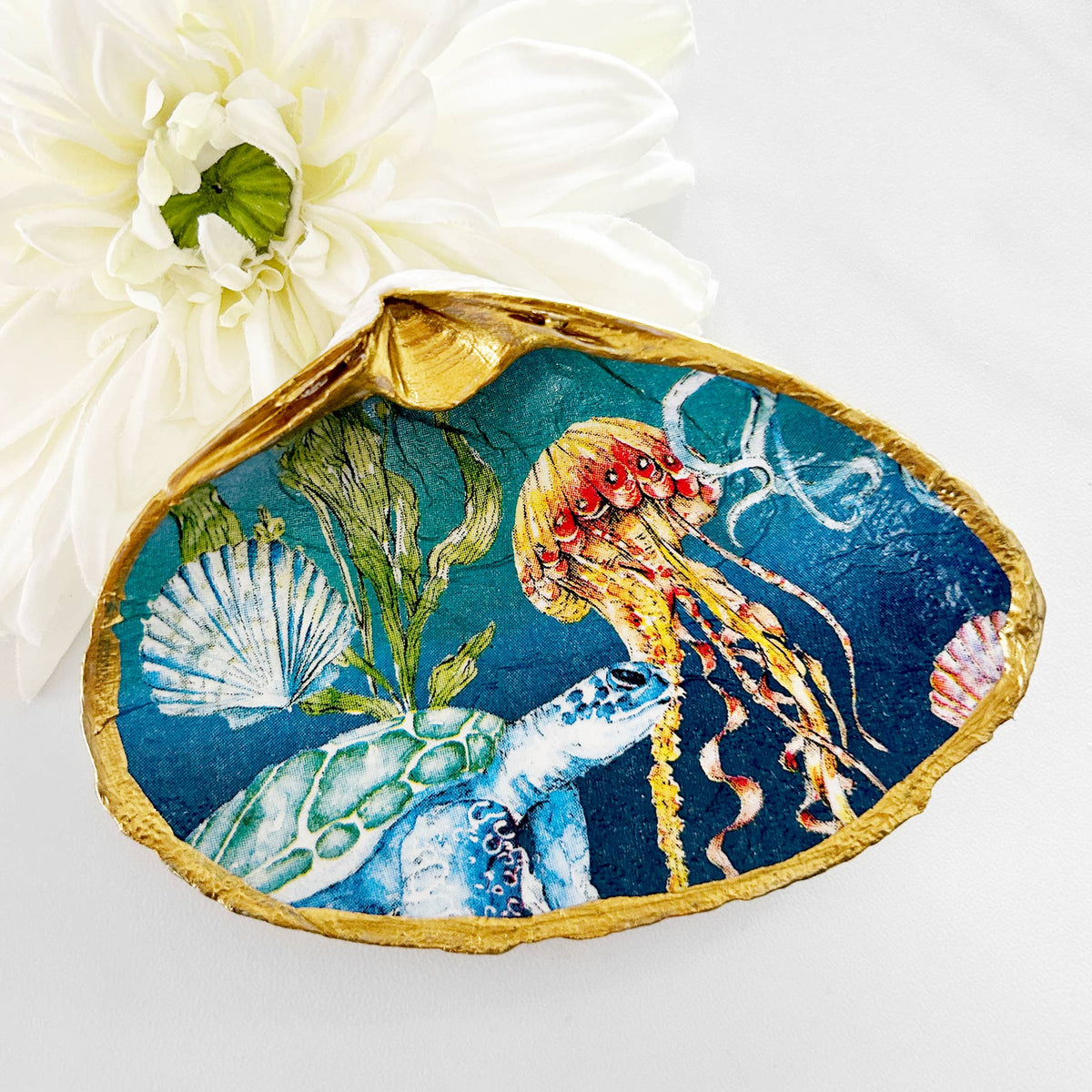 Underwater Oceanic Decoupage Clam Shell Trinket Dish