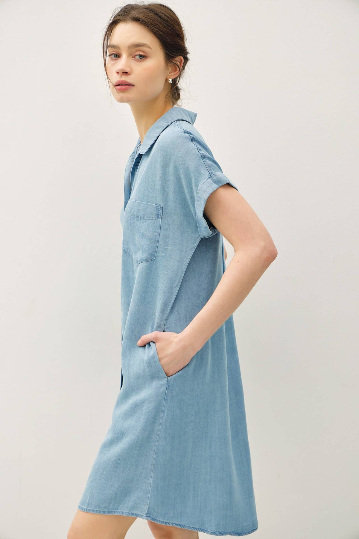 DENIM WASH BUTTON DOWN TENCEL DRESS