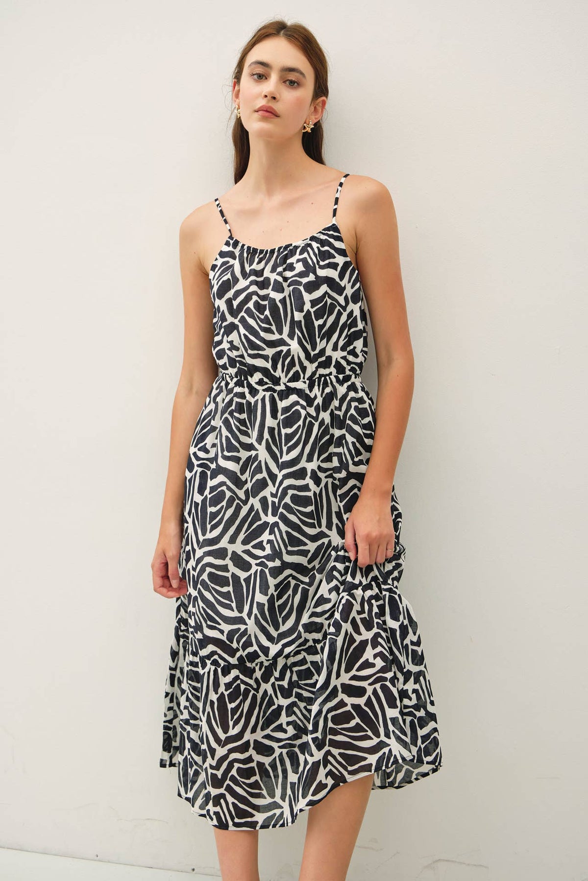 GEO PRINTED COTTON MIDI DRESS W/ BANDING AT WAIST