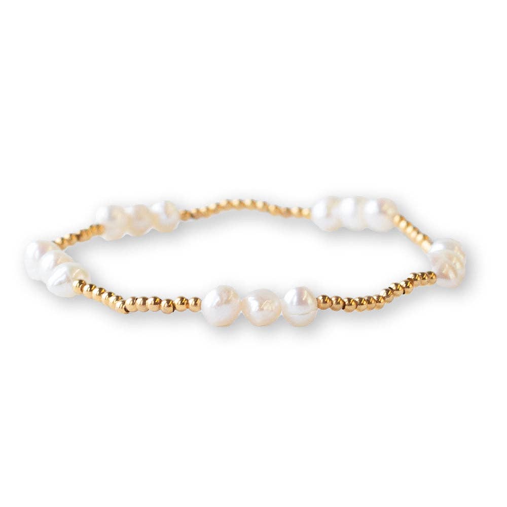 Gilded Gold Beaded Stretch Bracelets, Trio, Pearl