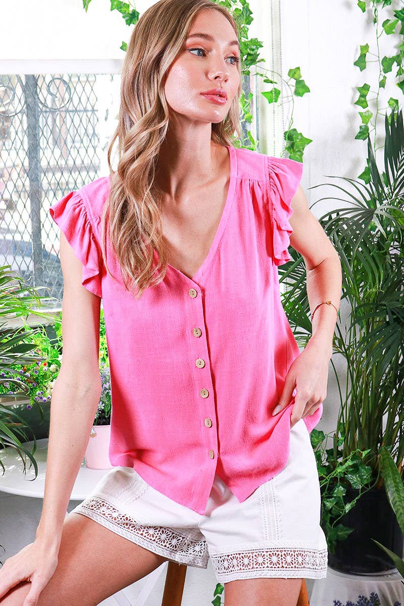 V-Neck Ruffle Sleeve Cotton Linen Blouse Top VT81688