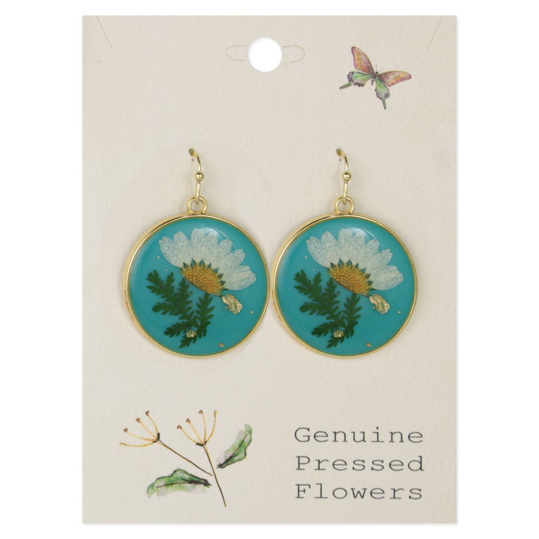 Blue Skies White Dried Flower Gold Round Earrings