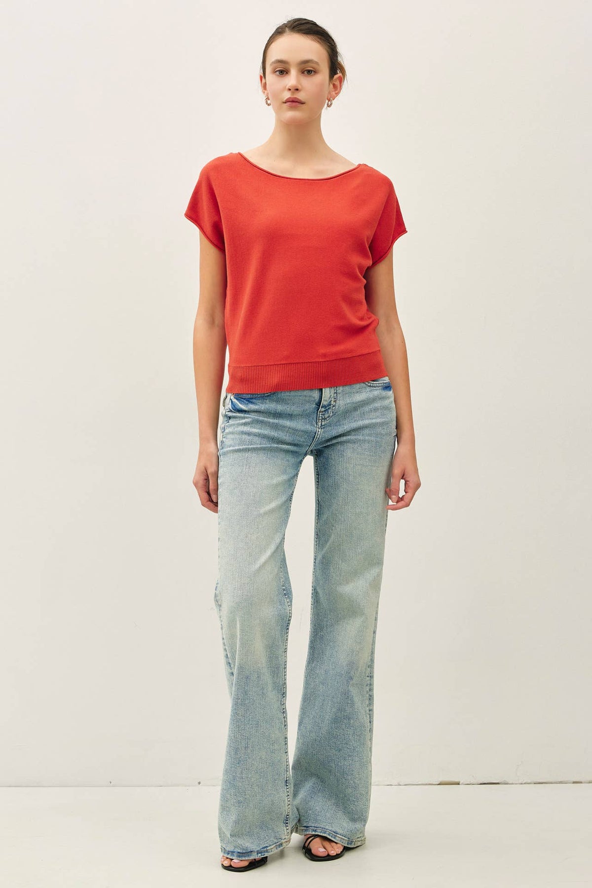 BOAT NECK CAP SLEEVE FINE SWEATER TOP