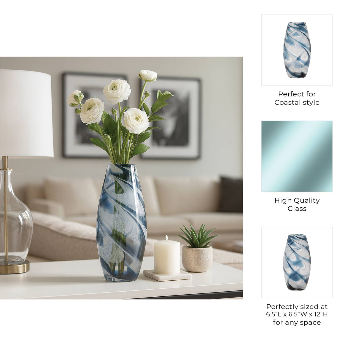 Glass Hand Blown Coastal Swirl Vase - Blue, 12 in.