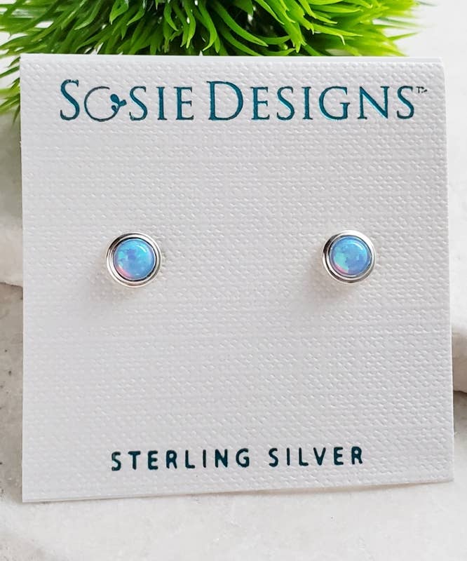 Silver Fire Opal Bezel Studs - Azure Blue