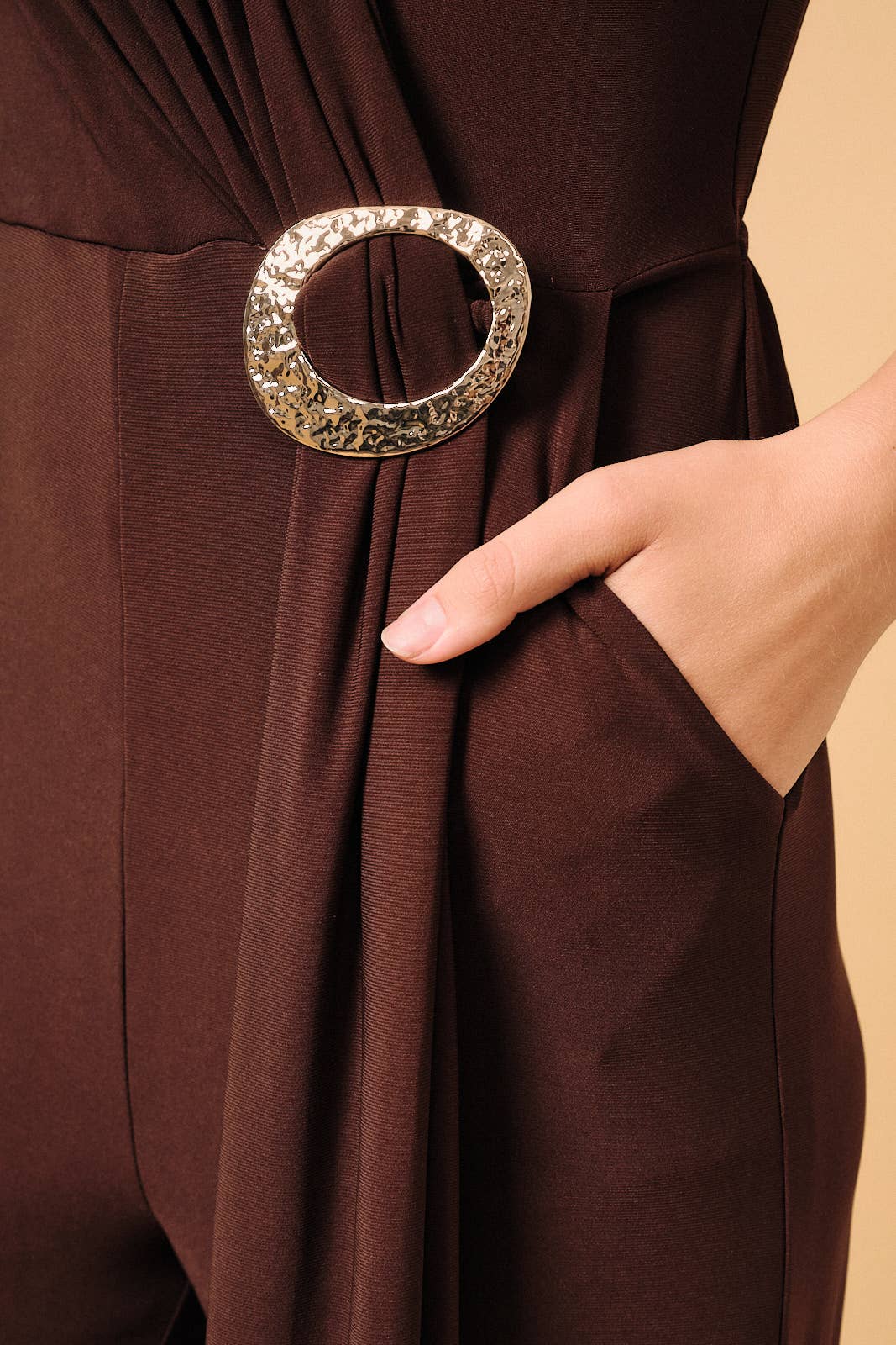 SURPLICE V NECK DRAPED WAIST WITH GOLD HARDWEAR JUMPSUIT