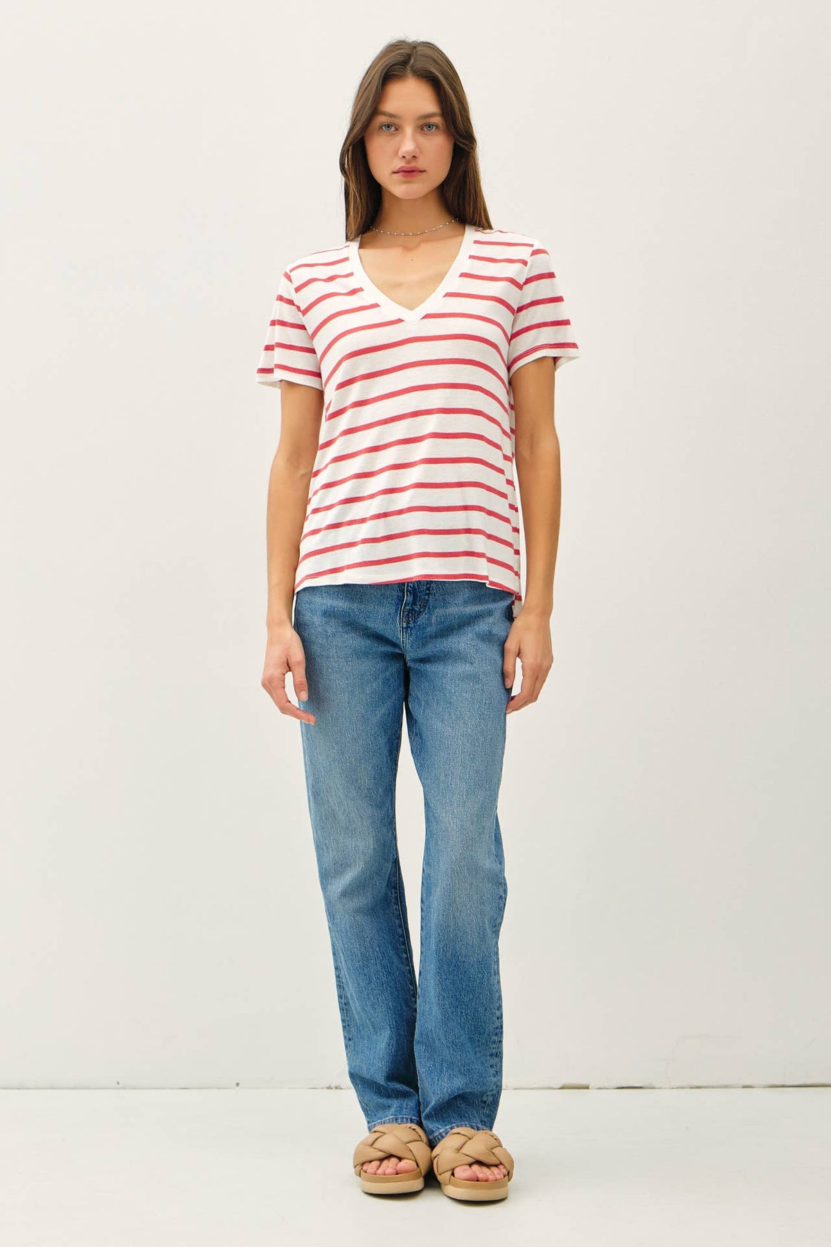 COTTON LINEN BLEND RELAXED FIT STRIPED T-SHIRT