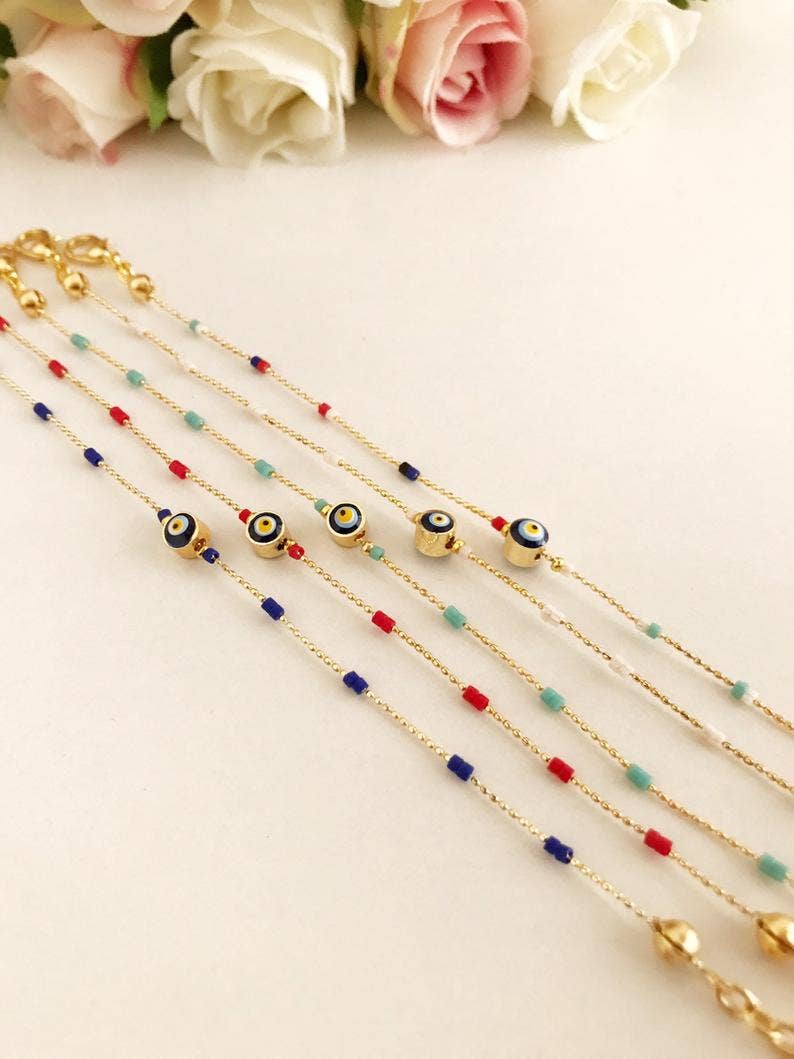 Evil Eye Chain Bracelet, Seed Beads Bracelet, Evil Eye Jewelry