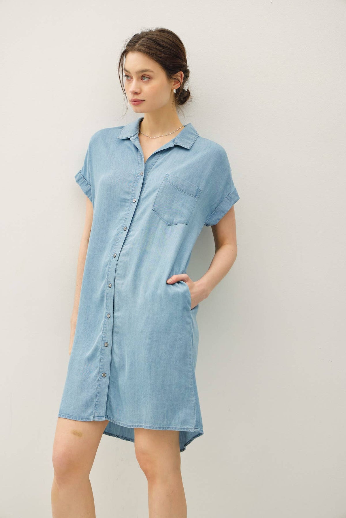 DENIM WASH BUTTON DOWN TENCEL DRESS