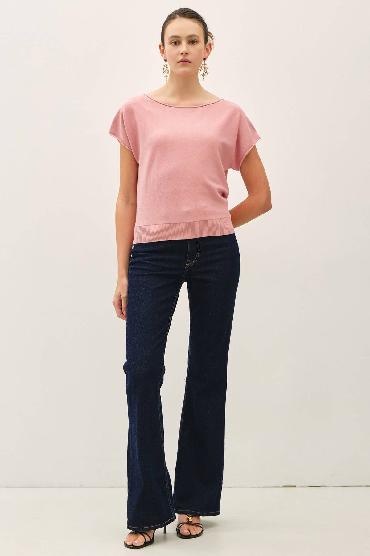 BOAT NECK CAP SLEEVE FINE SWEATER TOP